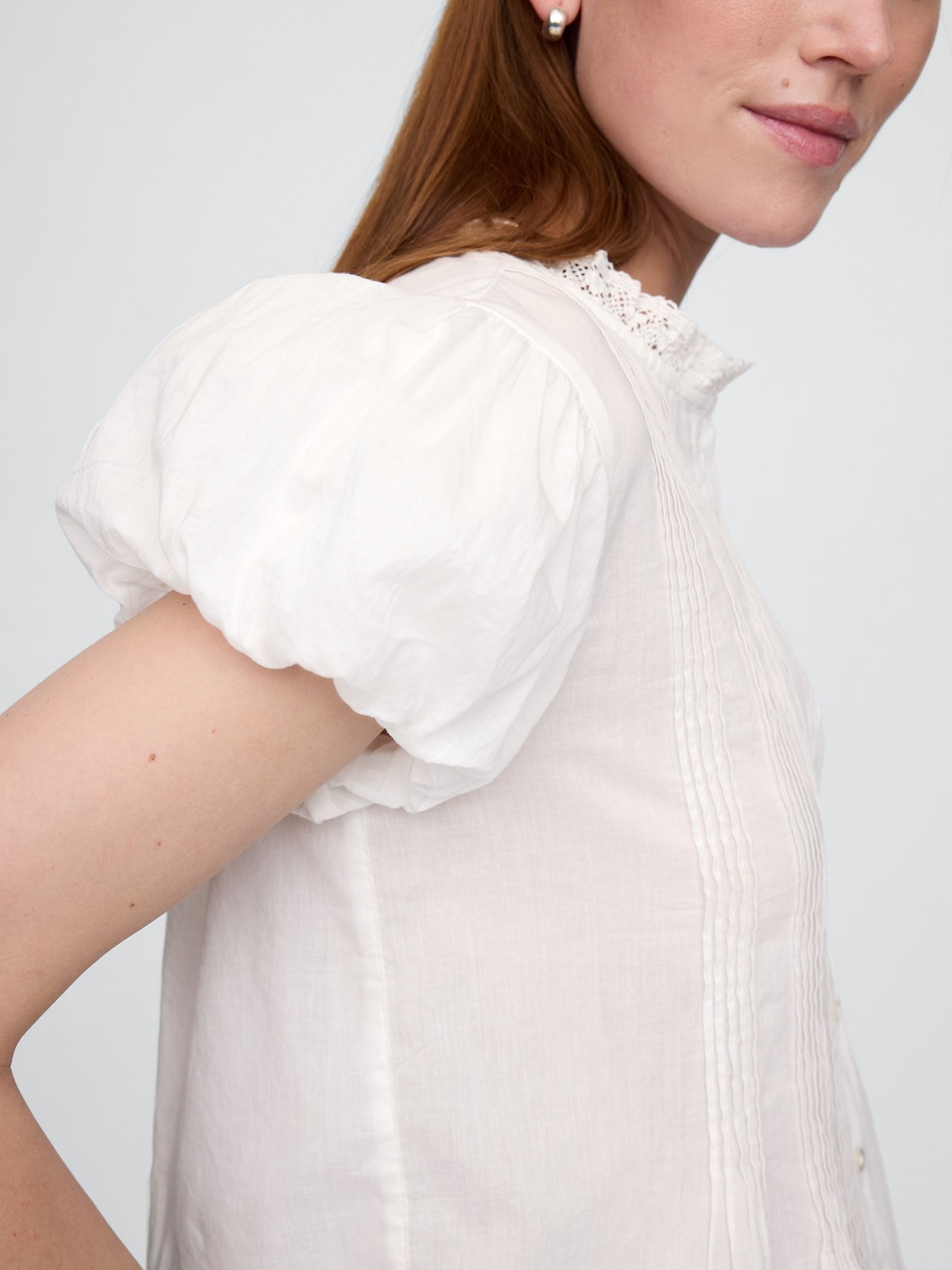 White Cotton Button Through Bubble-Sleeve Top - Image 4 of 8