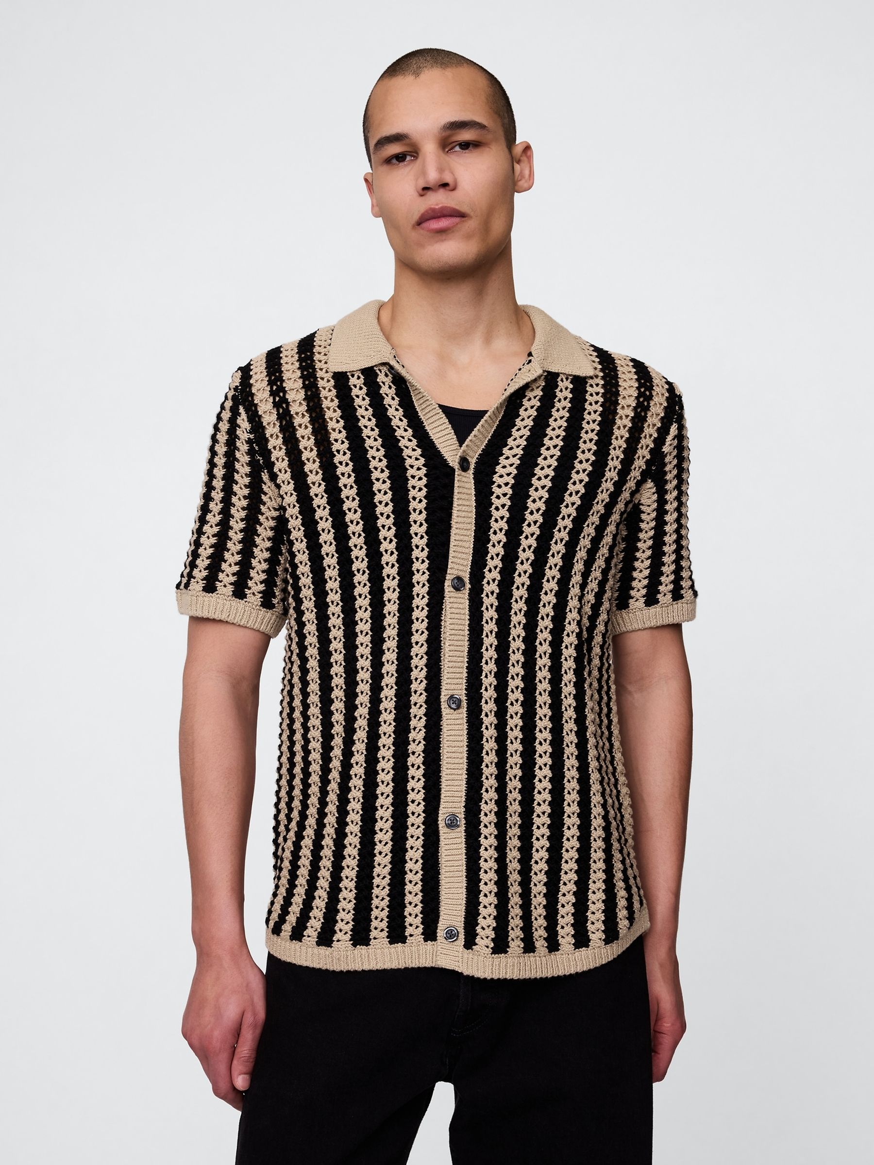 Beige Mesh Striped Knit Shirt - Image 1 of 5