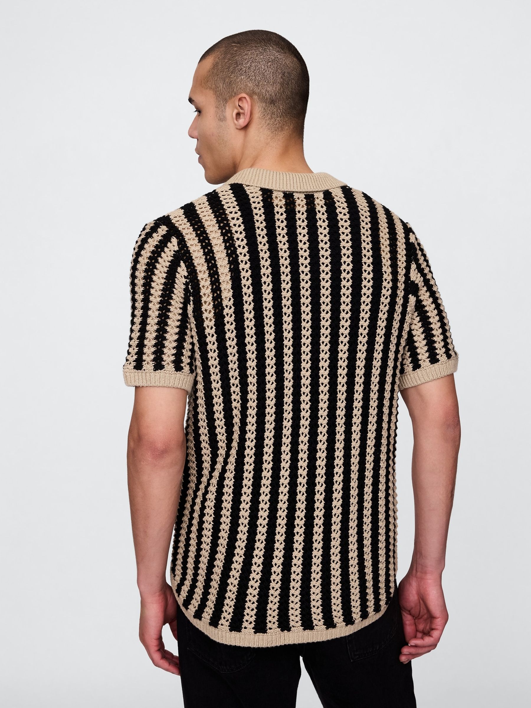 Beige Mesh Striped Knit Shirt - Image 2 of 5