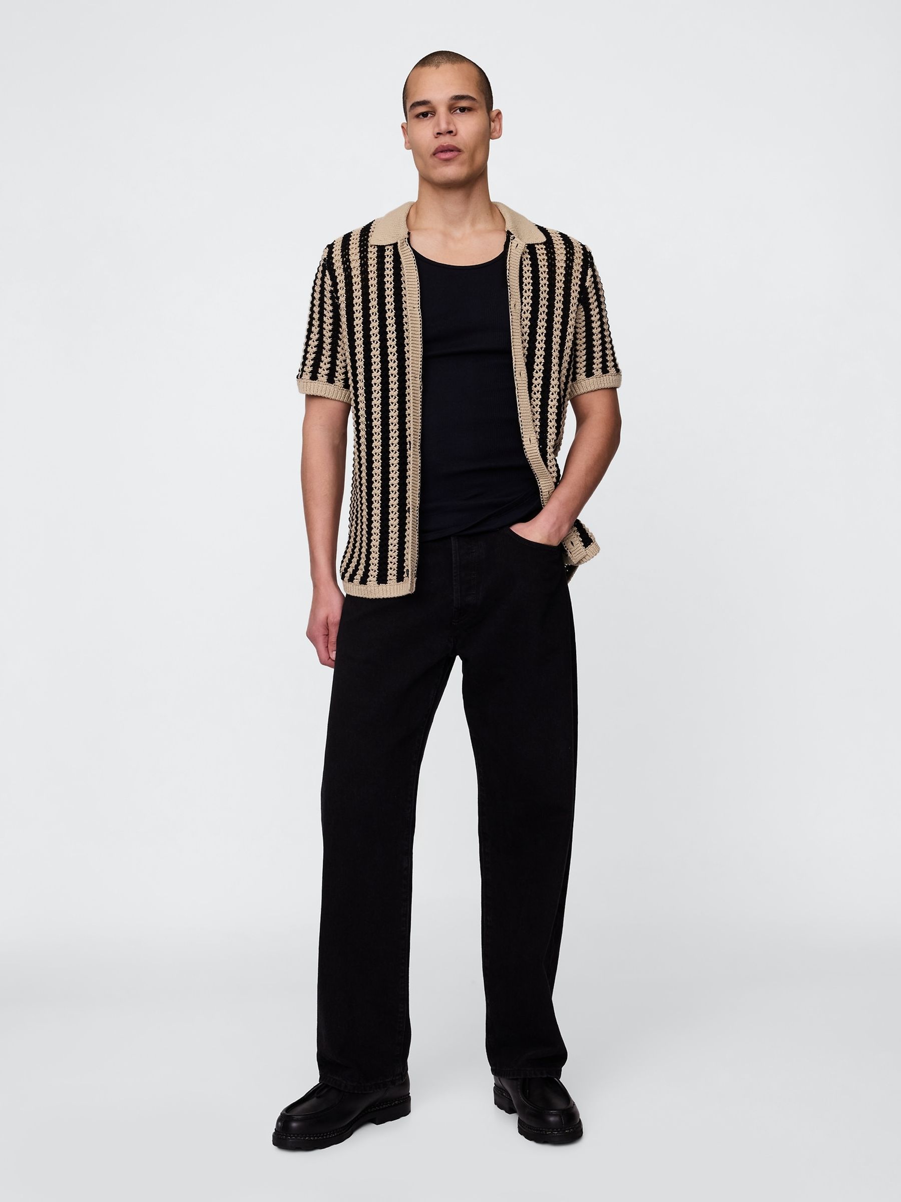 Beige Mesh Striped Knit Shirt - Image 3 of 5