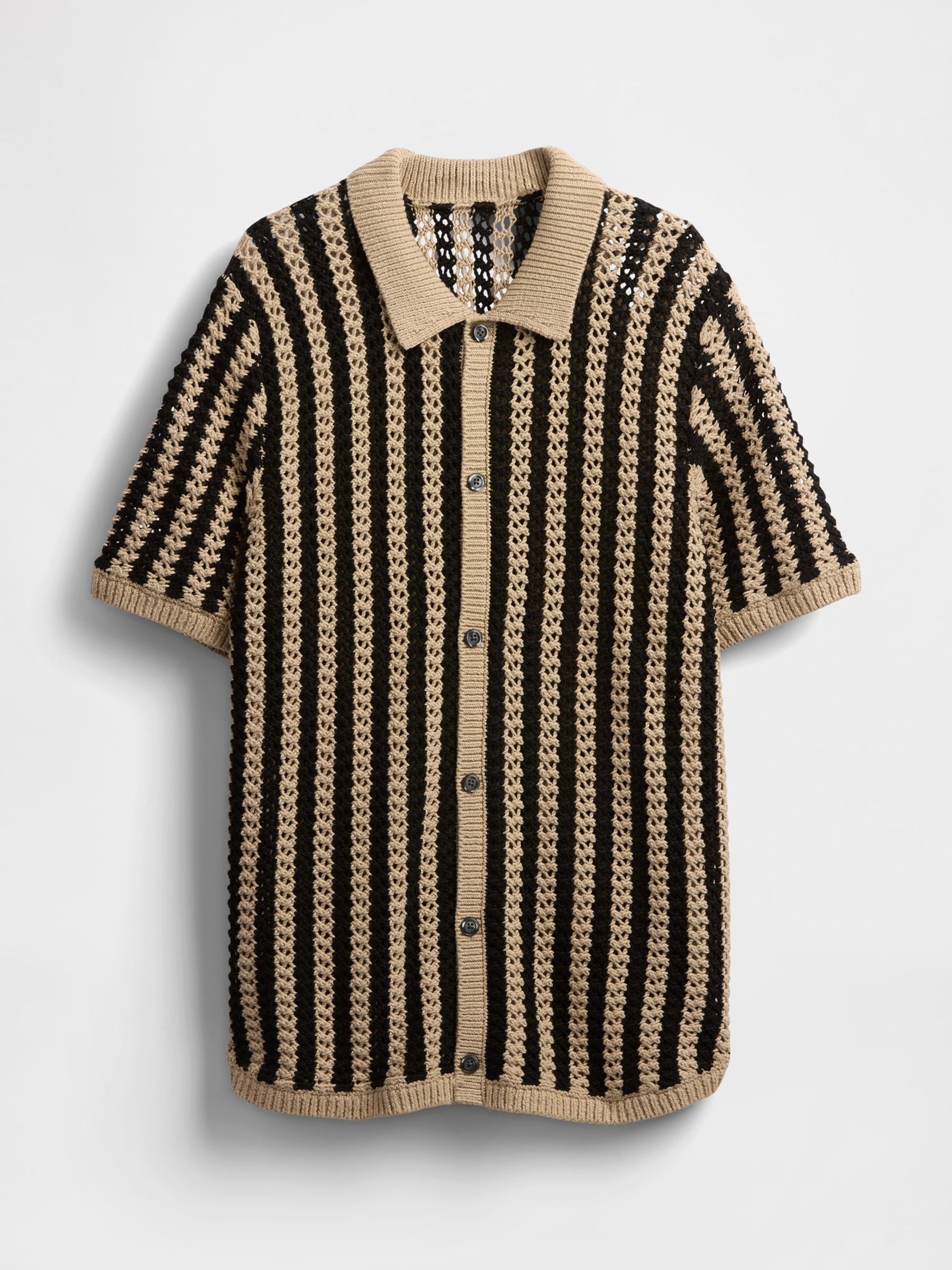 Beige Mesh Striped Knit Shirt - Image 4 of 5