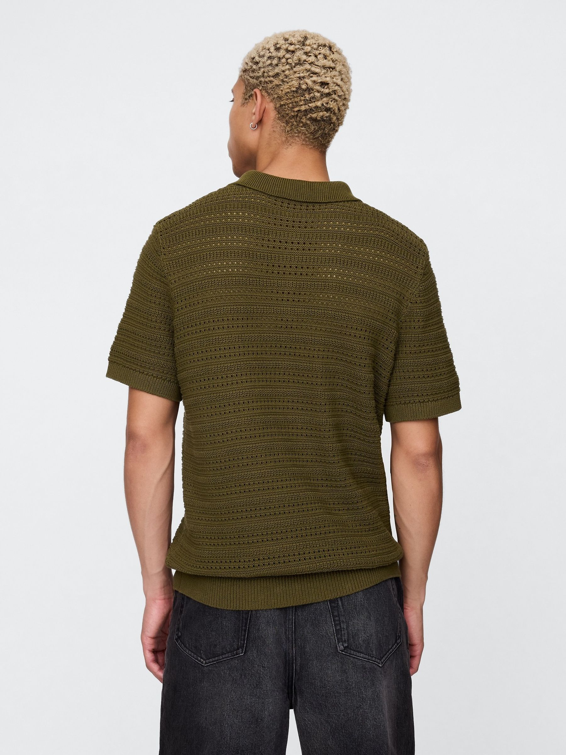 Khaki Green Cotton Knit Striped Polo Shirt - Image 2 of 5