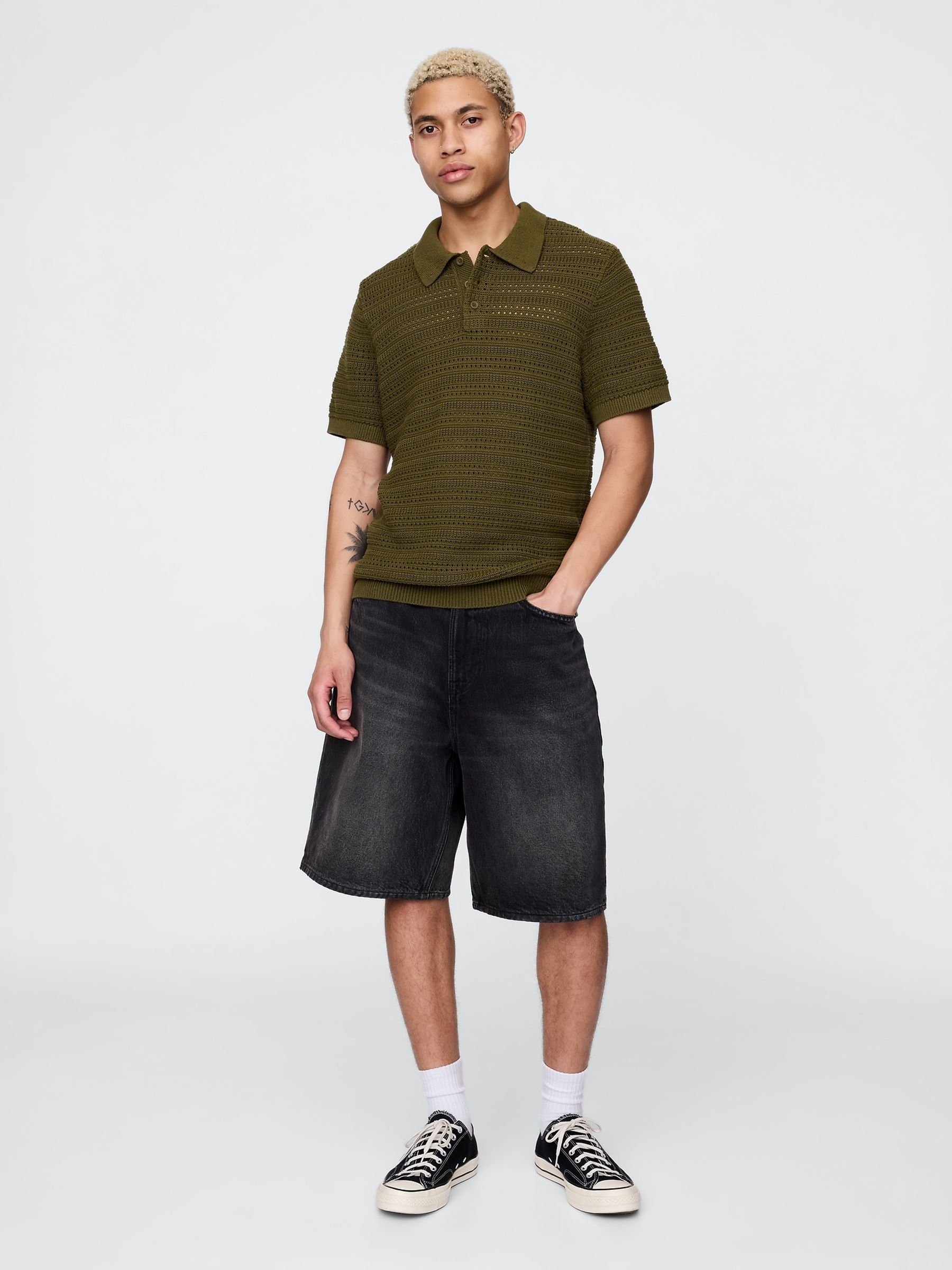 Khaki Green Cotton Knit Striped Polo Shirt - Image 3 of 5