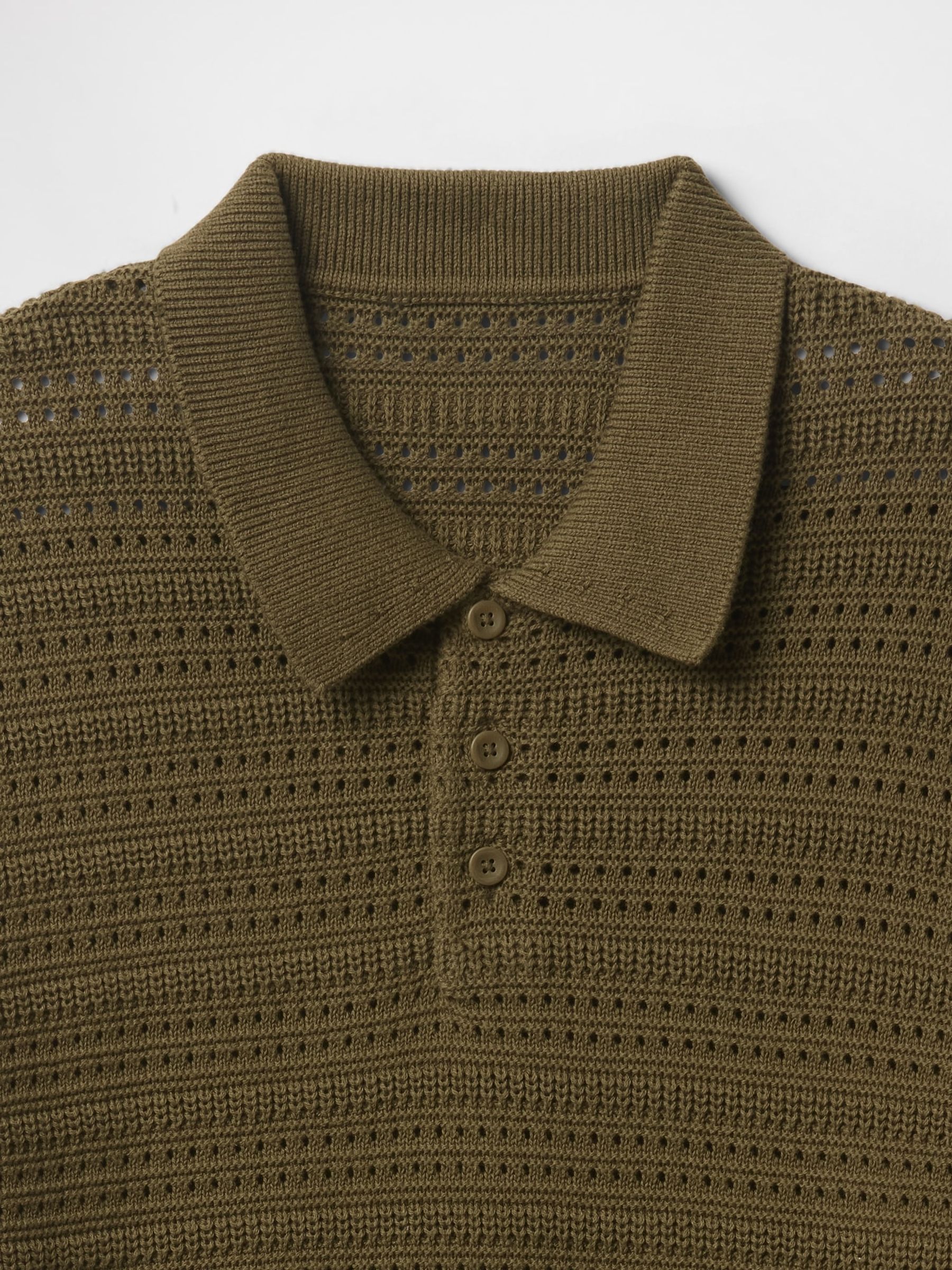Khaki Green Cotton Knit Striped Polo Shirt - Image 5 of 5