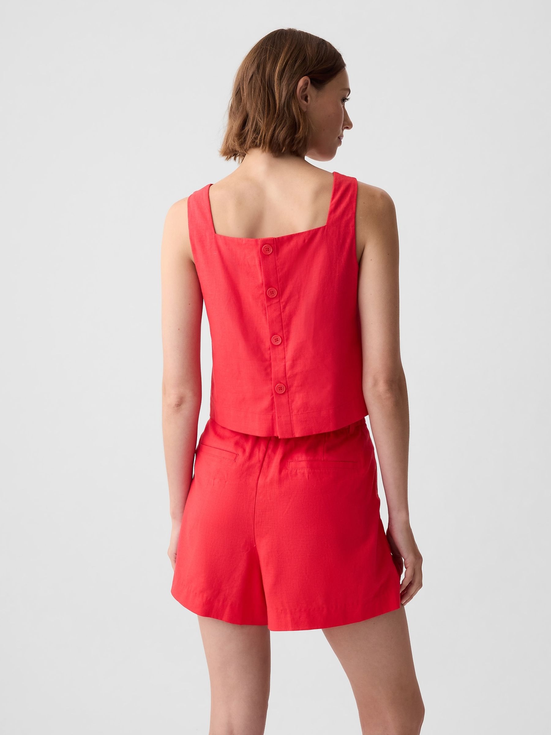 Red Linen Blend Button Back Cropped Vest Top - Image 2 of 4
