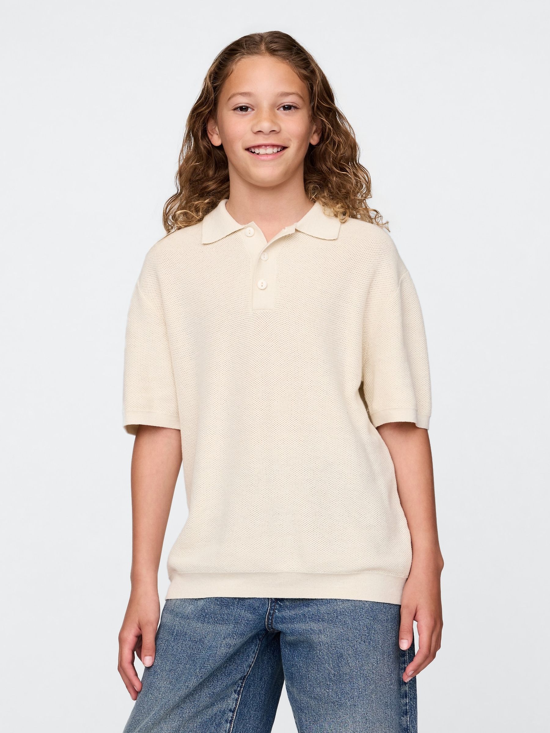 Beige Relaxed Knit Polo Shirt (4-12yrs) - Image 1 of 5