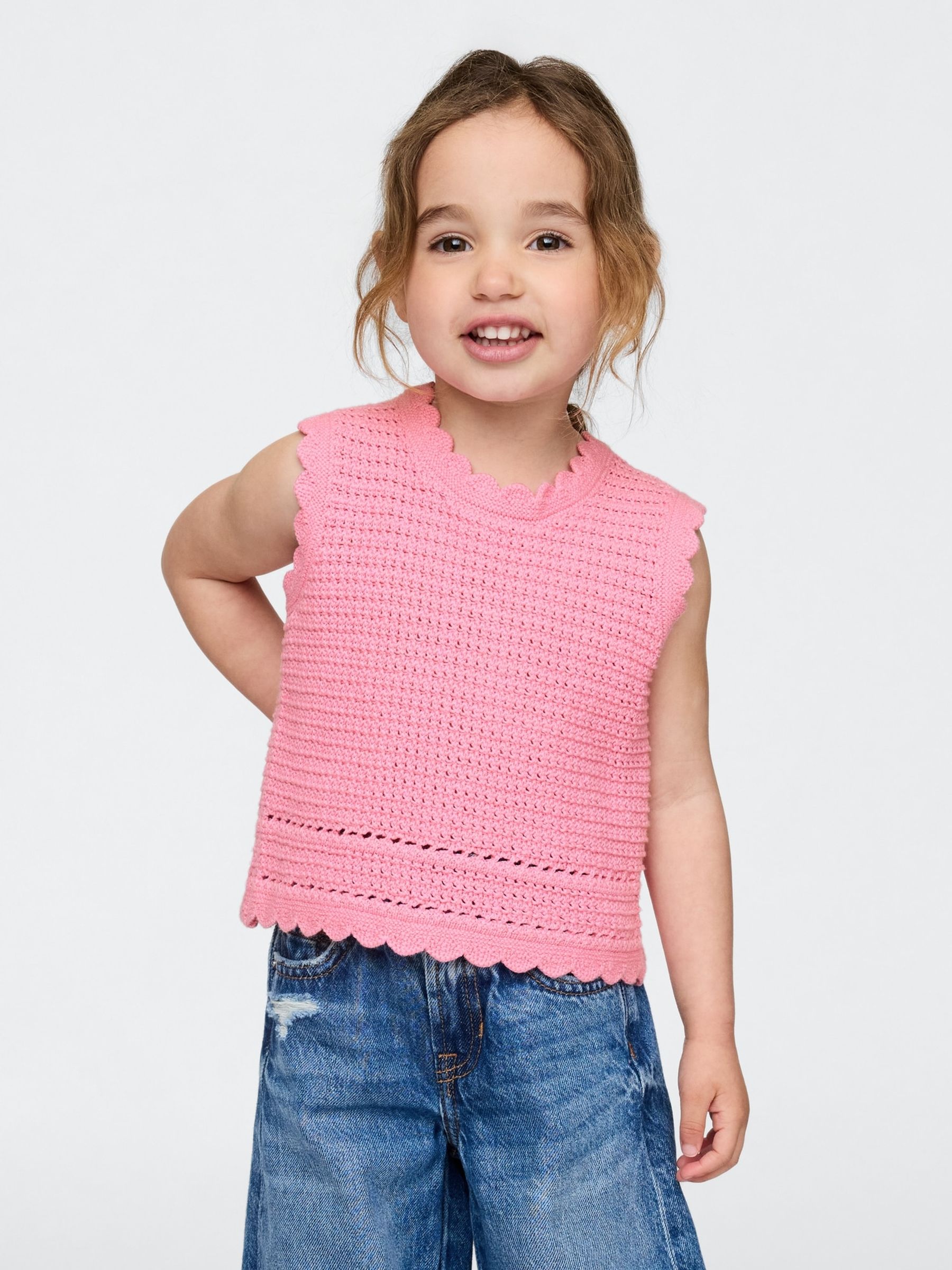 Pink Scalloped Sleeveless Crochet Top (6mths-5yrs) - Image 1 of 4