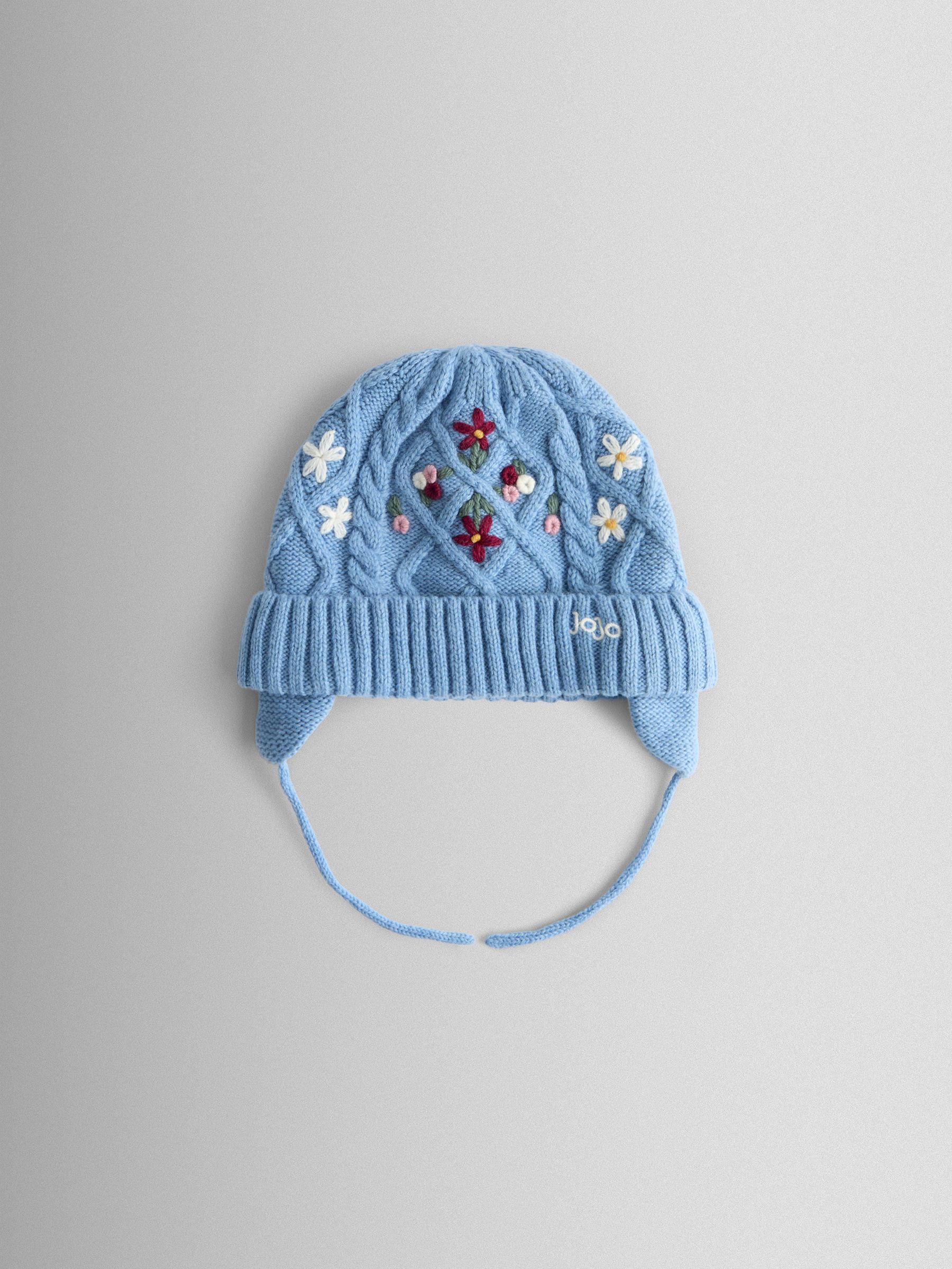 Blue Floral Embroidered Cable Hat - Image 1 of 3 Blue Floral Embroidered Cable Hat - Image 1 of 3