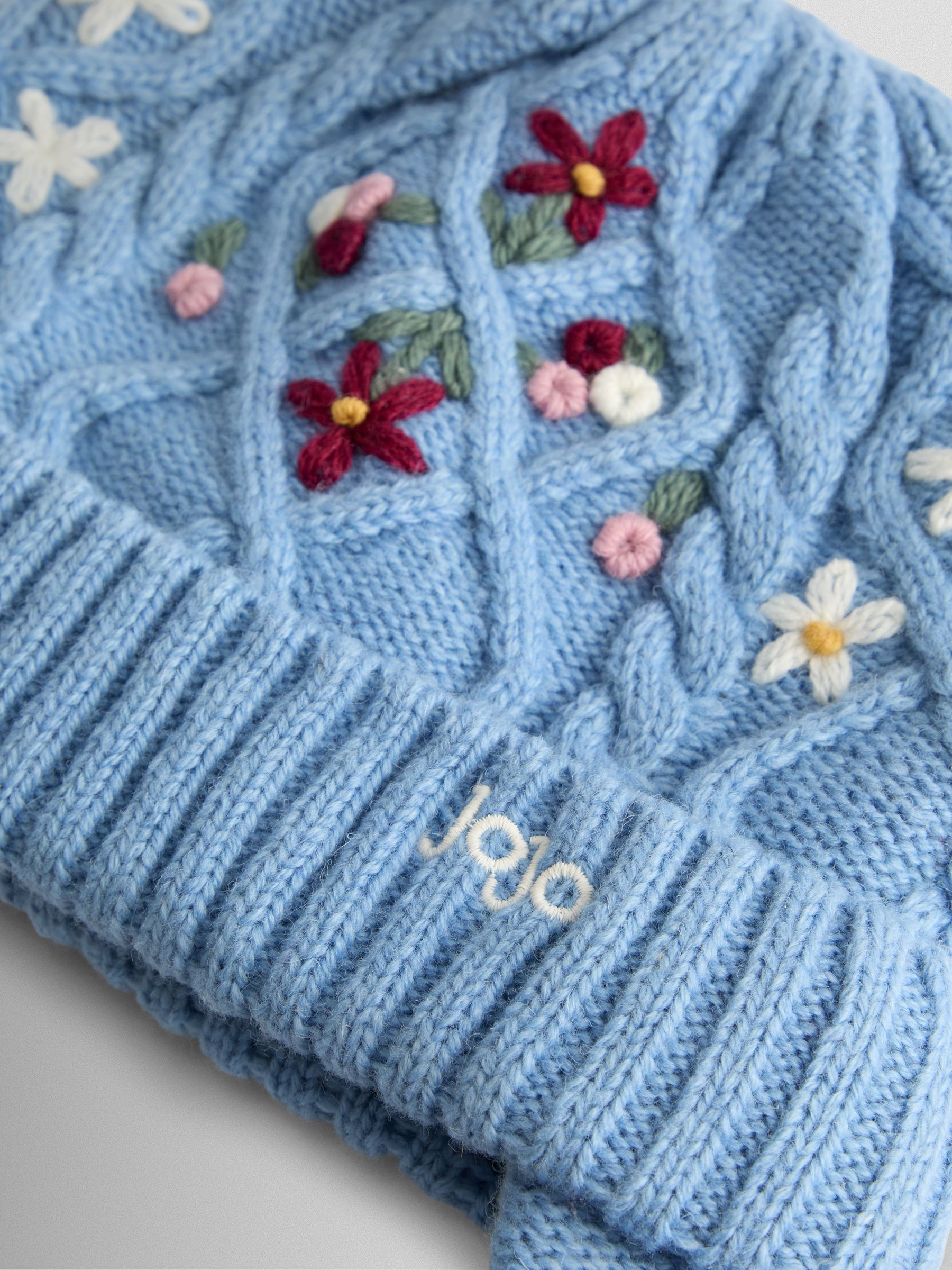 Blue Floral Embroidered Cable Hat - Image 3 of 3 Blue Floral Embroidered Cable Hat - Image 3 of 3