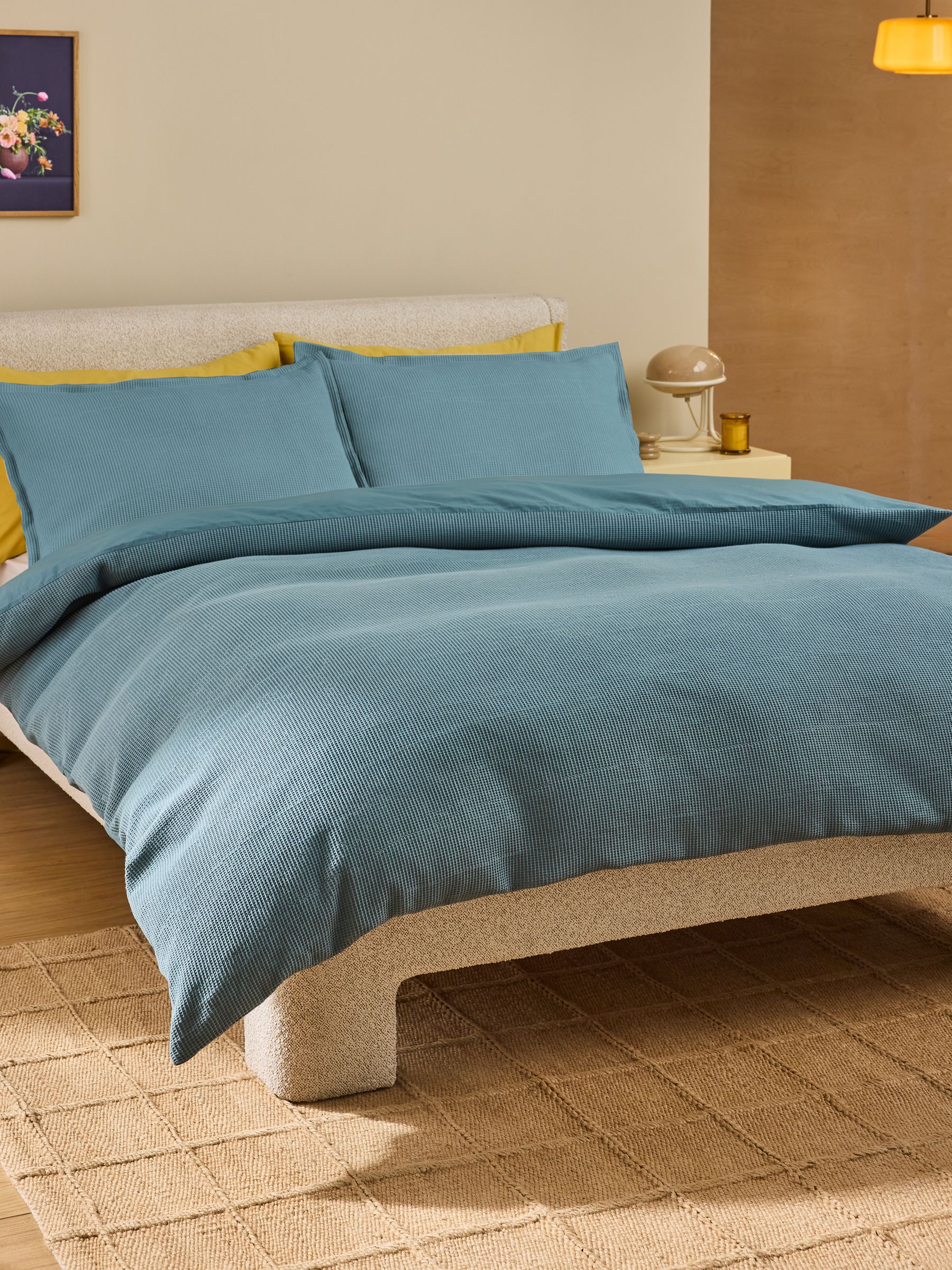 Waffle 100% Cotton Duvet Cover and Pillowcase Set in Marine Blue - Image 1 of 5