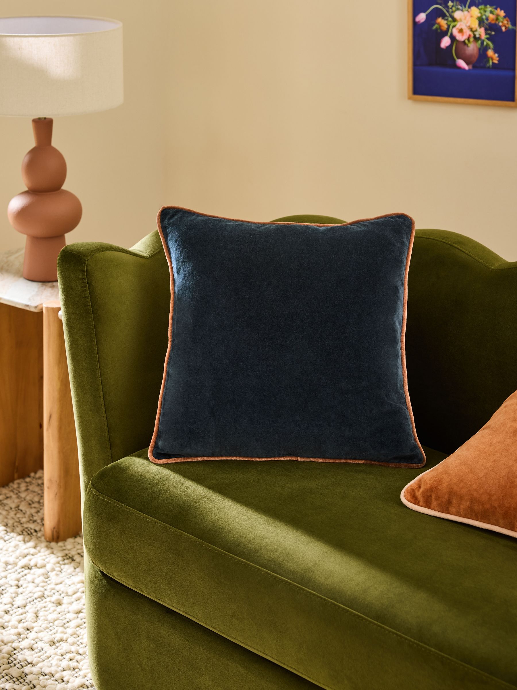 Bailey Cotton Velvet Piped Cushion in Navy Blue - Image 1 of 5