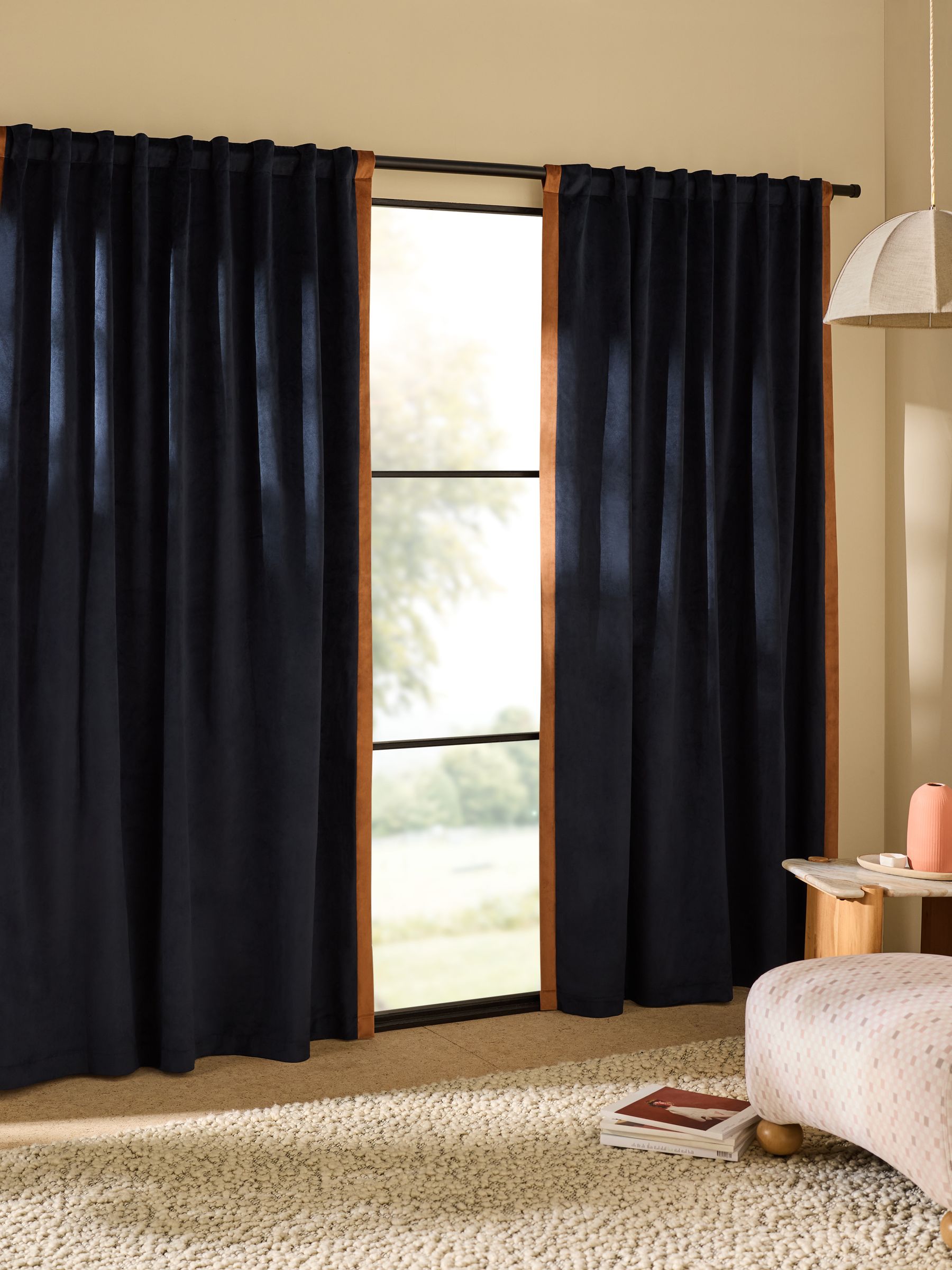 Audley Contrast Hidden Tab Curtains in Navy Blue - Image 1 of 3