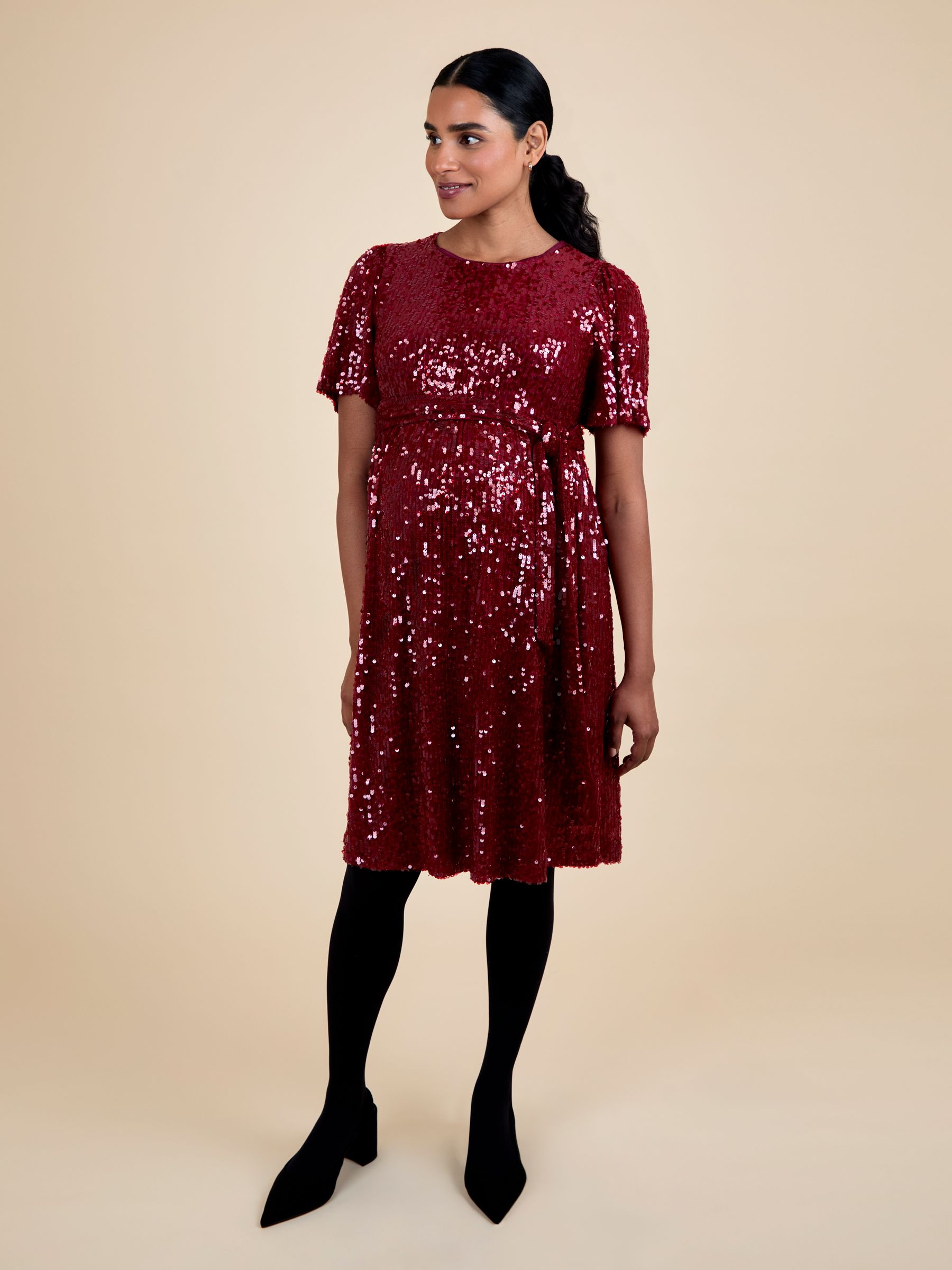 red maternity evening dress Maternity Sloping Collar Mesh Overlay Sequin Formal Dress – Elonnashop
