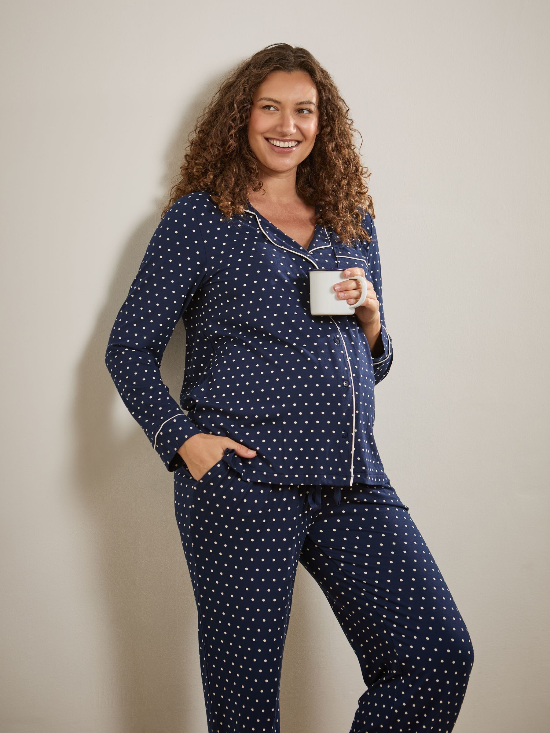 Navy Spot Maternity Button Through Pyjama Set - Image 1 of 10