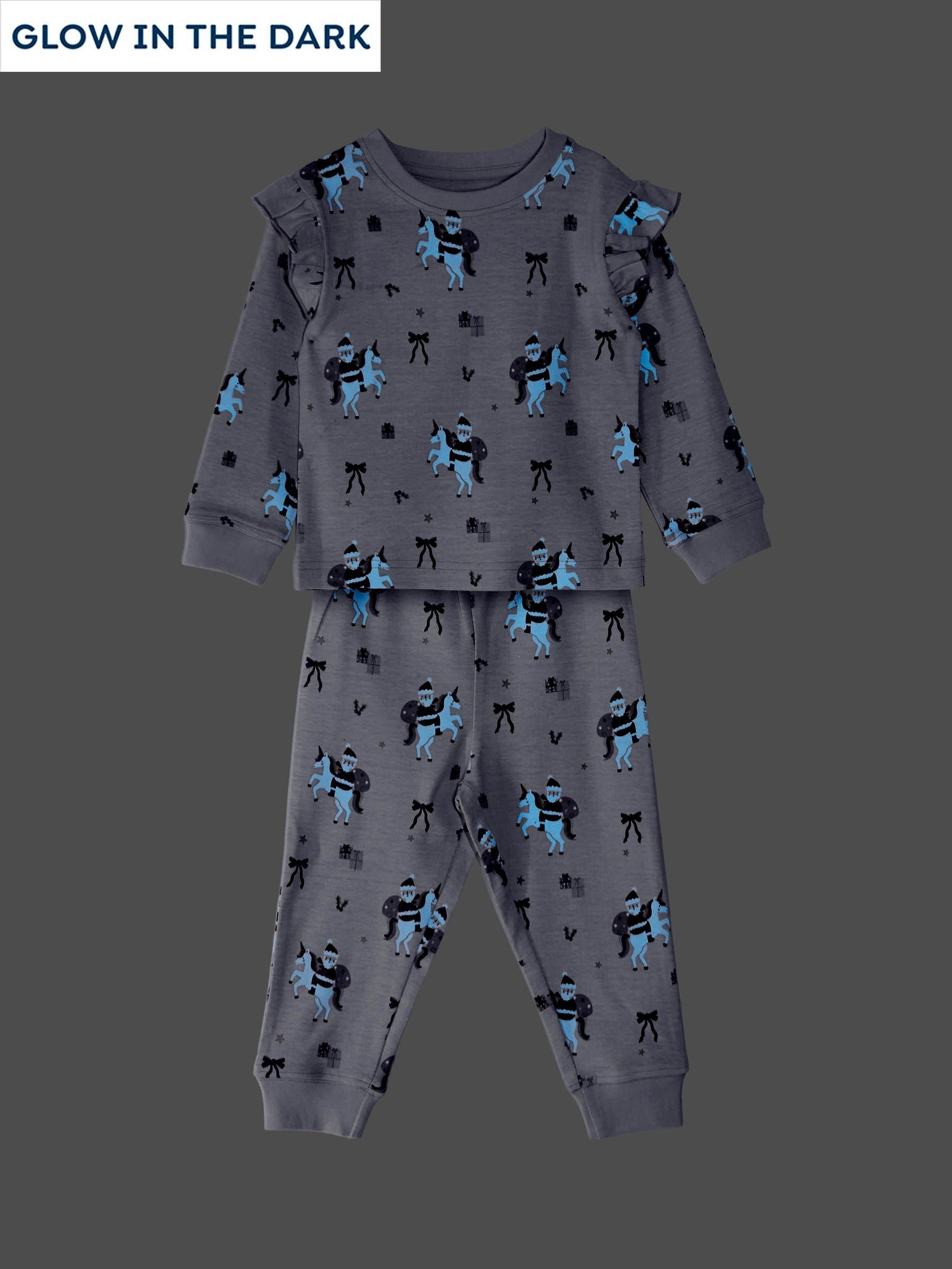 Pink Christmas Unicorn Print Glow In The Dark Jersey Pyjamas - Image 1 of 7