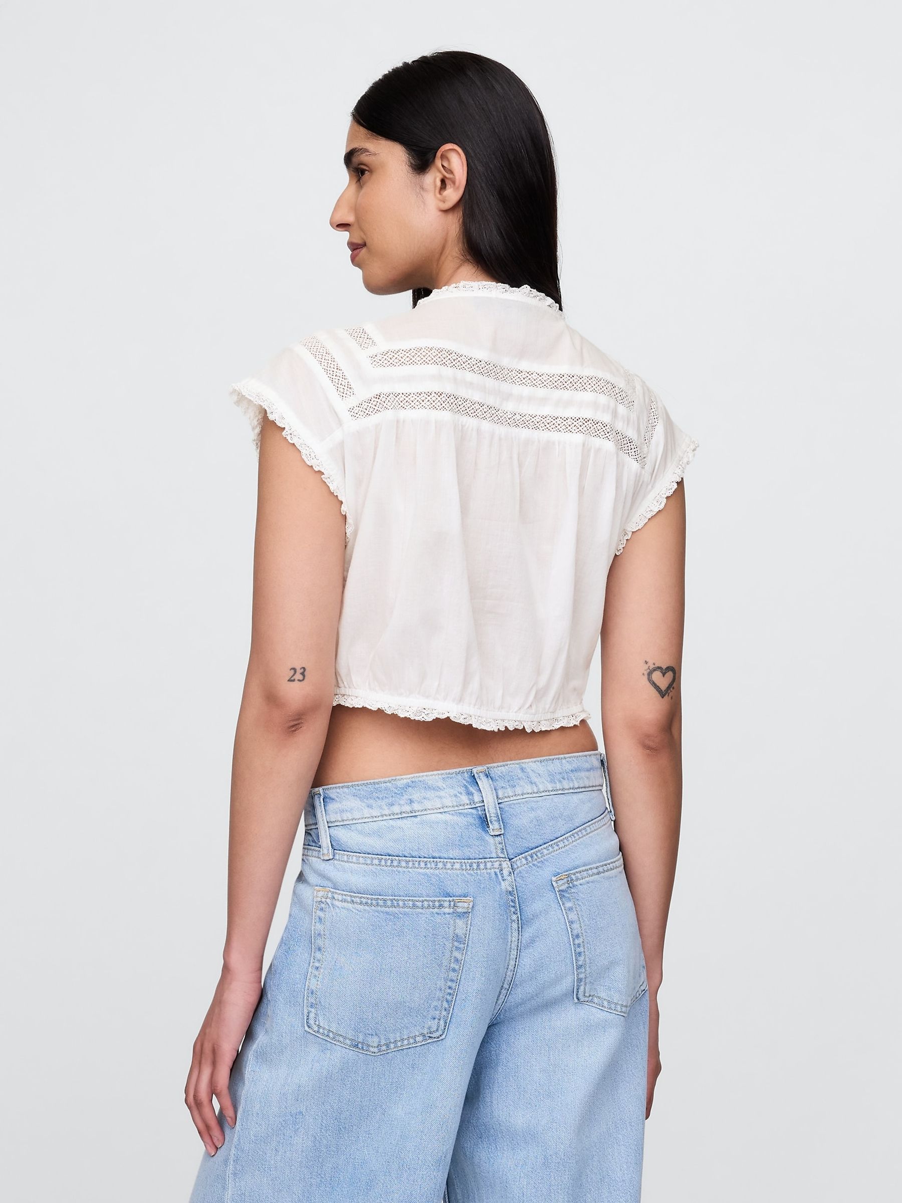 White Cropped Ruffle Pintuck Top - Image 2 of 4