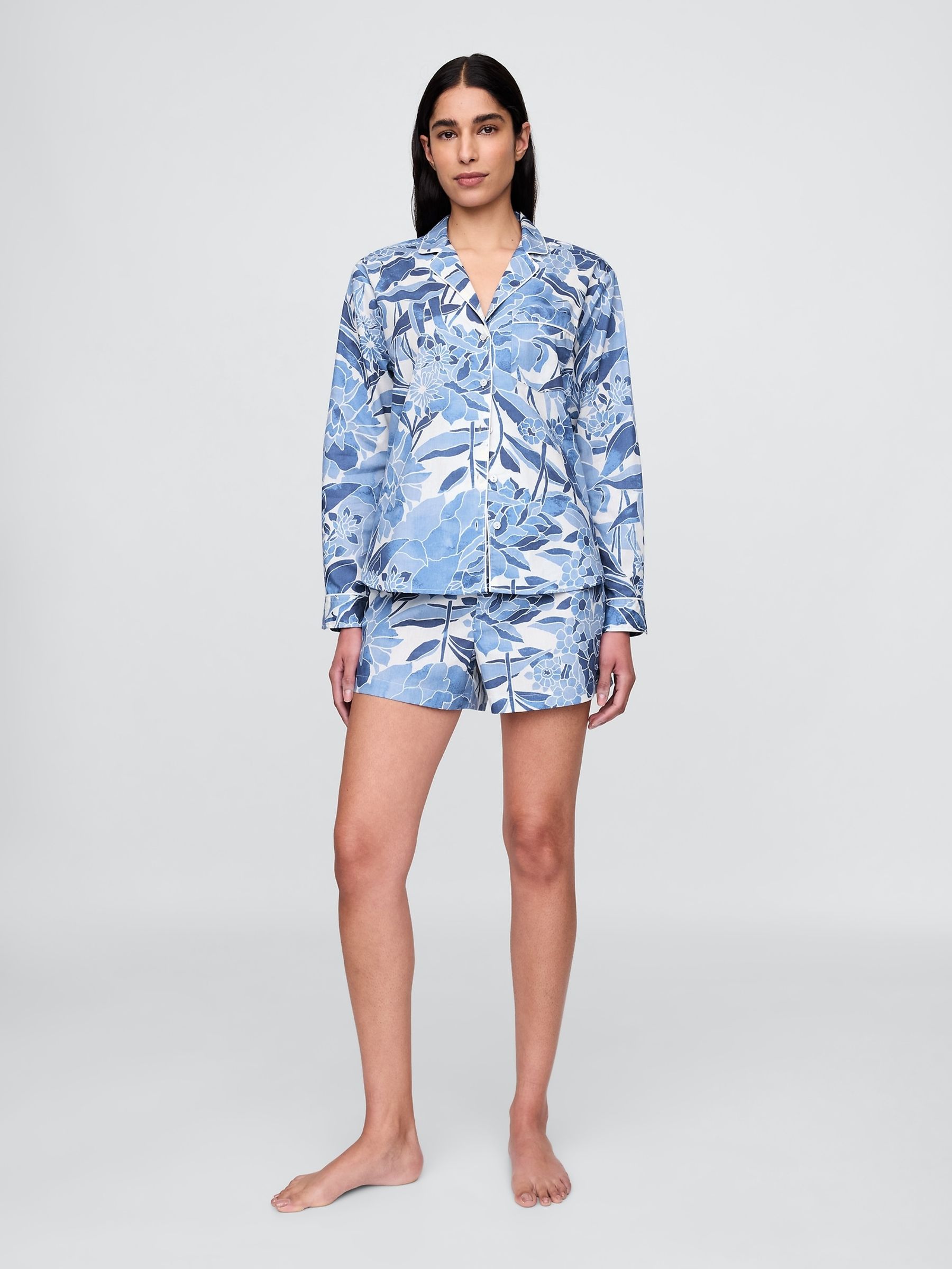 Blue Floral Short Cotton Poplin Pyjama Bottoms - Image 1 of 4