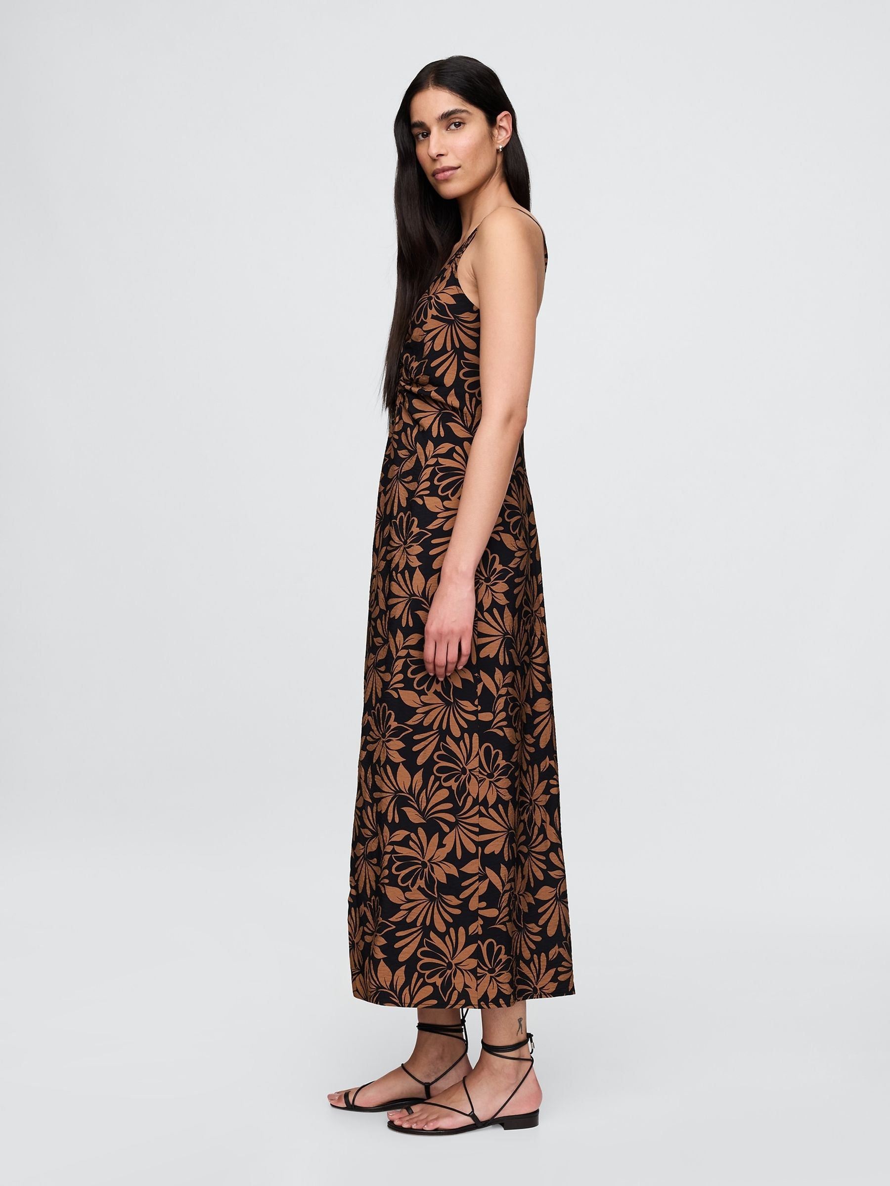 Black/Brown Floral Tie-Back Maxi Slip Dress - Image 3 of 5
