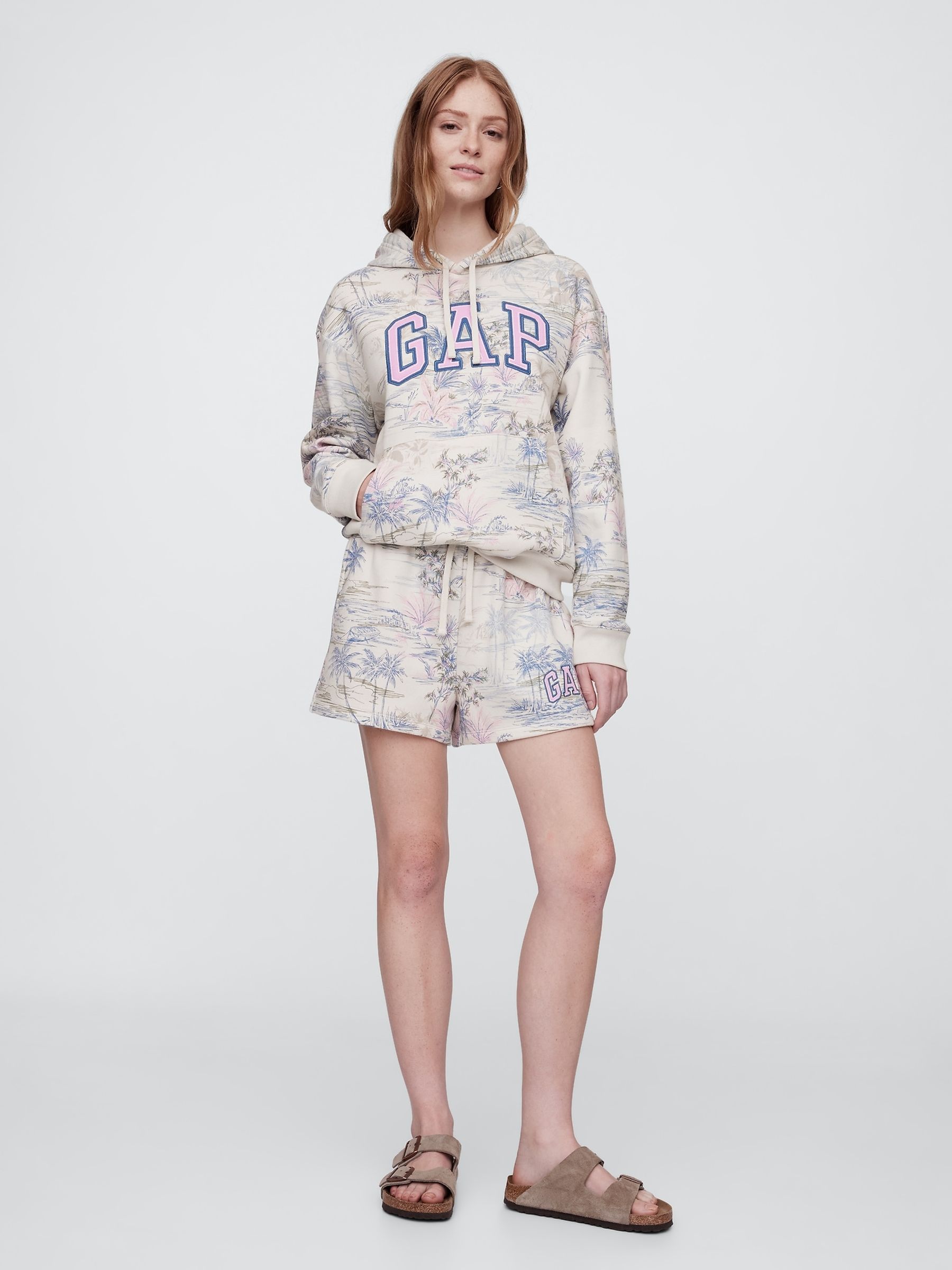 Grey Palm Print Pullover Relaxed Logo Hoodie - Image 3 of 5
