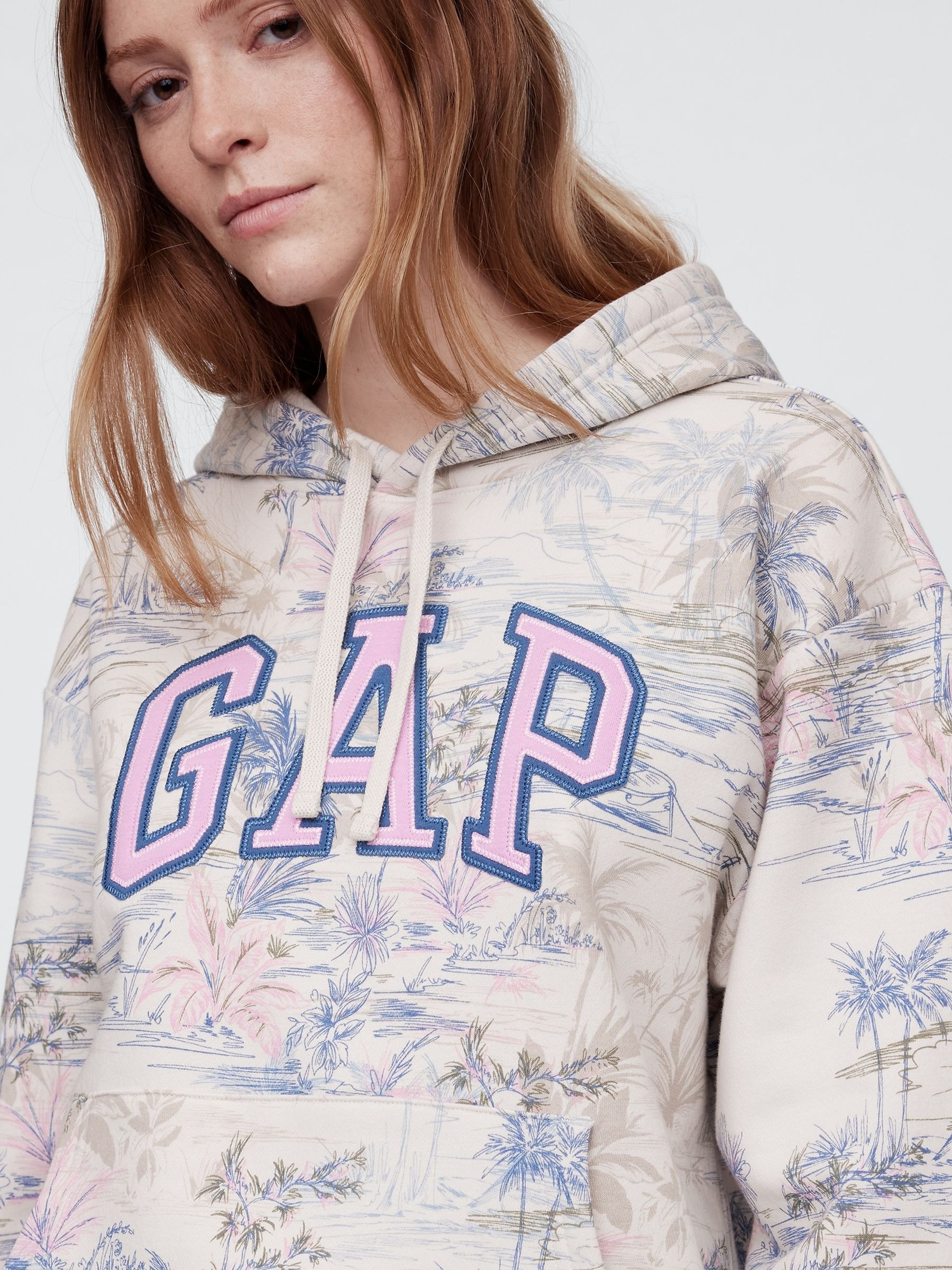 Grey Palm Print Pullover Relaxed Logo Hoodie - Image 4 of 5