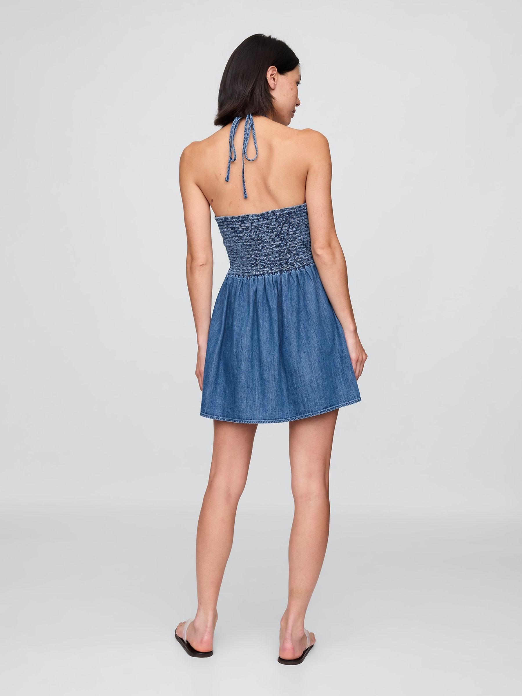 Blue Denim Pintuck Halter Mini Dress - Image 2 of 4