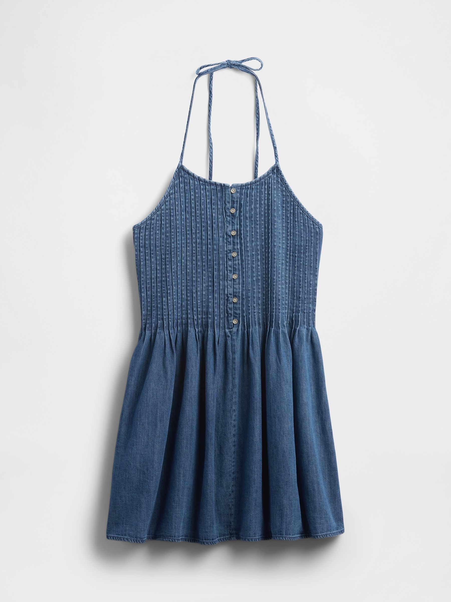 Blue Denim Pintuck Halter Mini Dress - Image 4 of 4