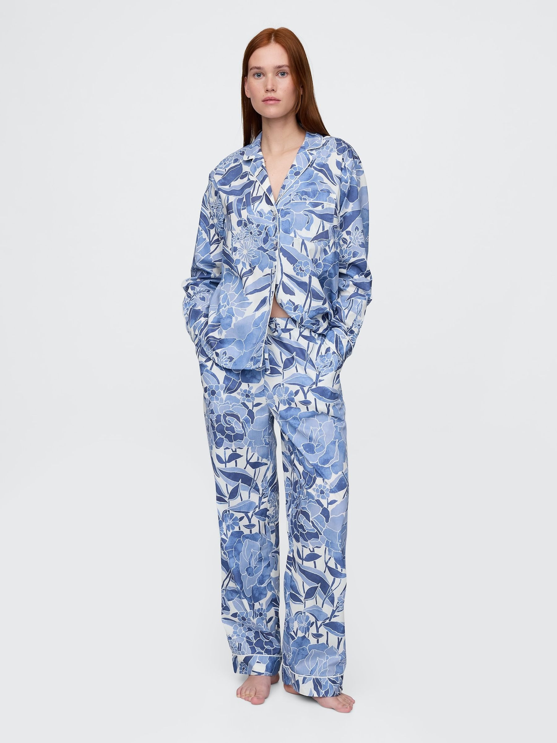 Blue Floral Trouser Cotton Poplin Pyjama Bottoms - Image 1 of 4