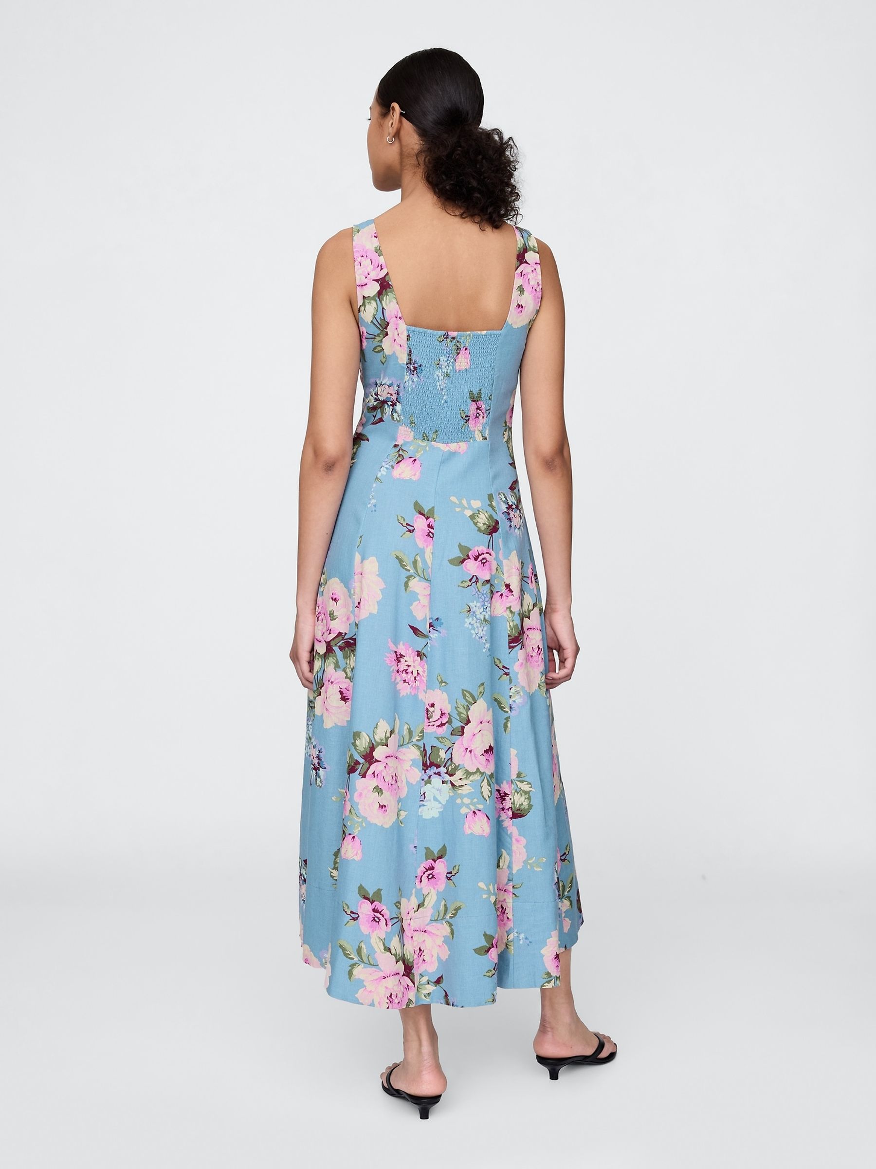 Blue Floral Linen-Blend Square-Neck Maxi Summer Dress - Image 2 of 5