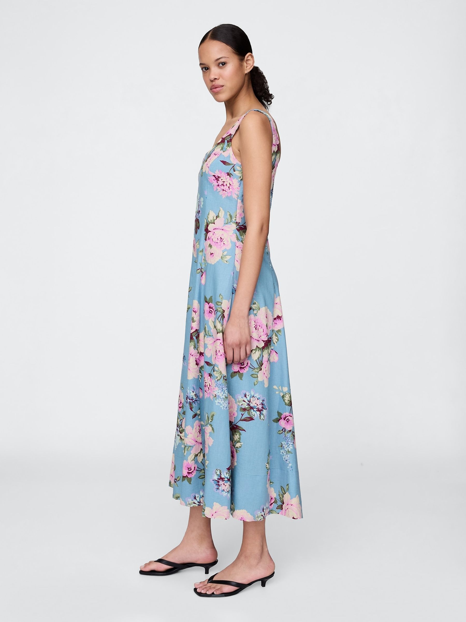 Blue Floral Linen-Blend Square-Neck Maxi Summer Dress - Image 3 of 5