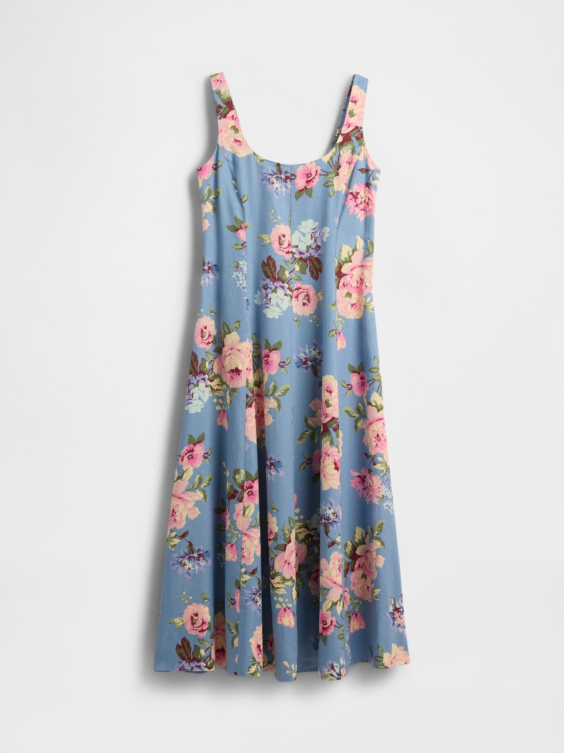 Blue Floral Linen-Blend Square-Neck Maxi Summer Dress - Image 4 of 5