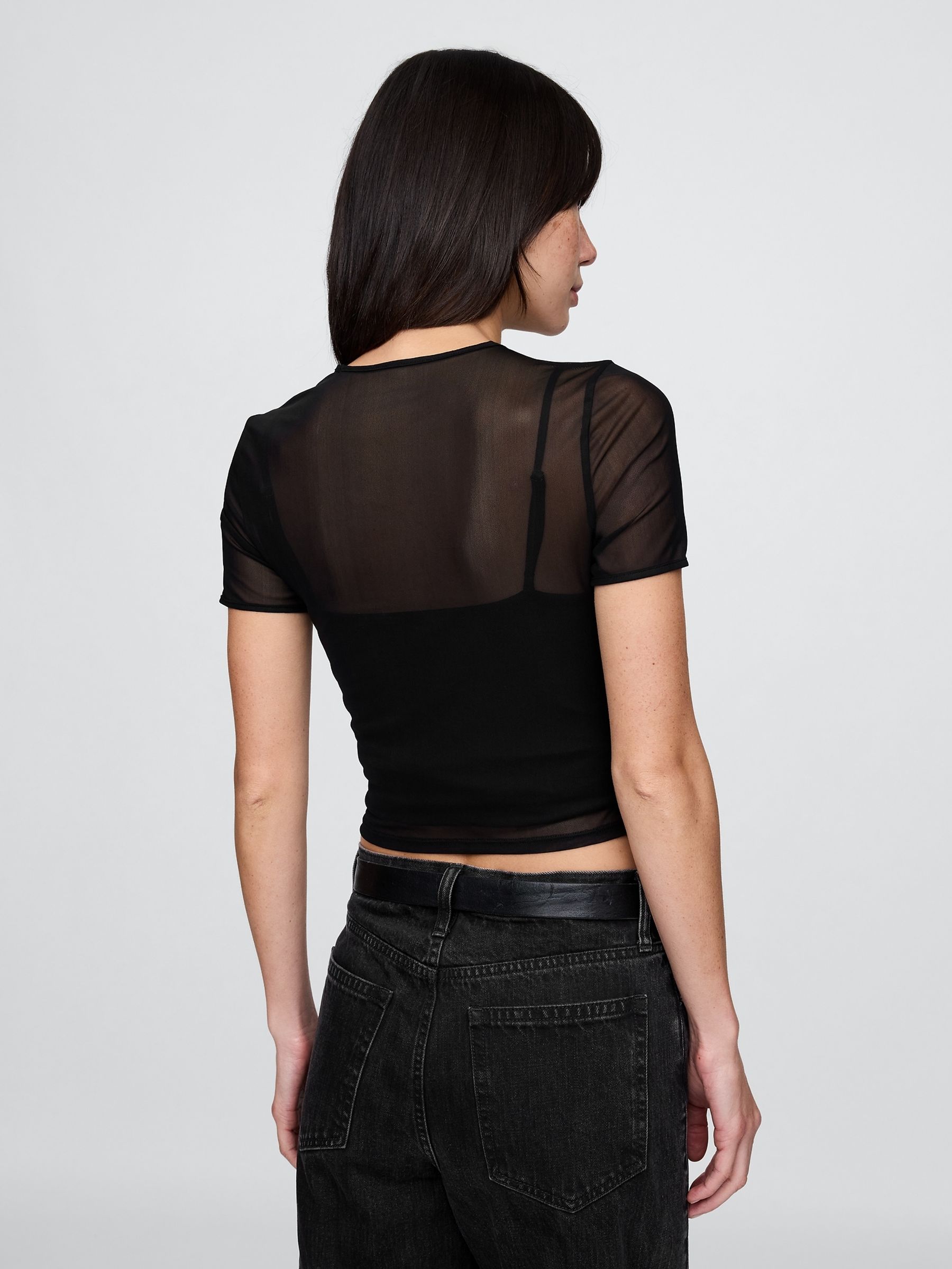 Black Soft Stretch Mesh Cropped T-Shirt - Image 2 of 5