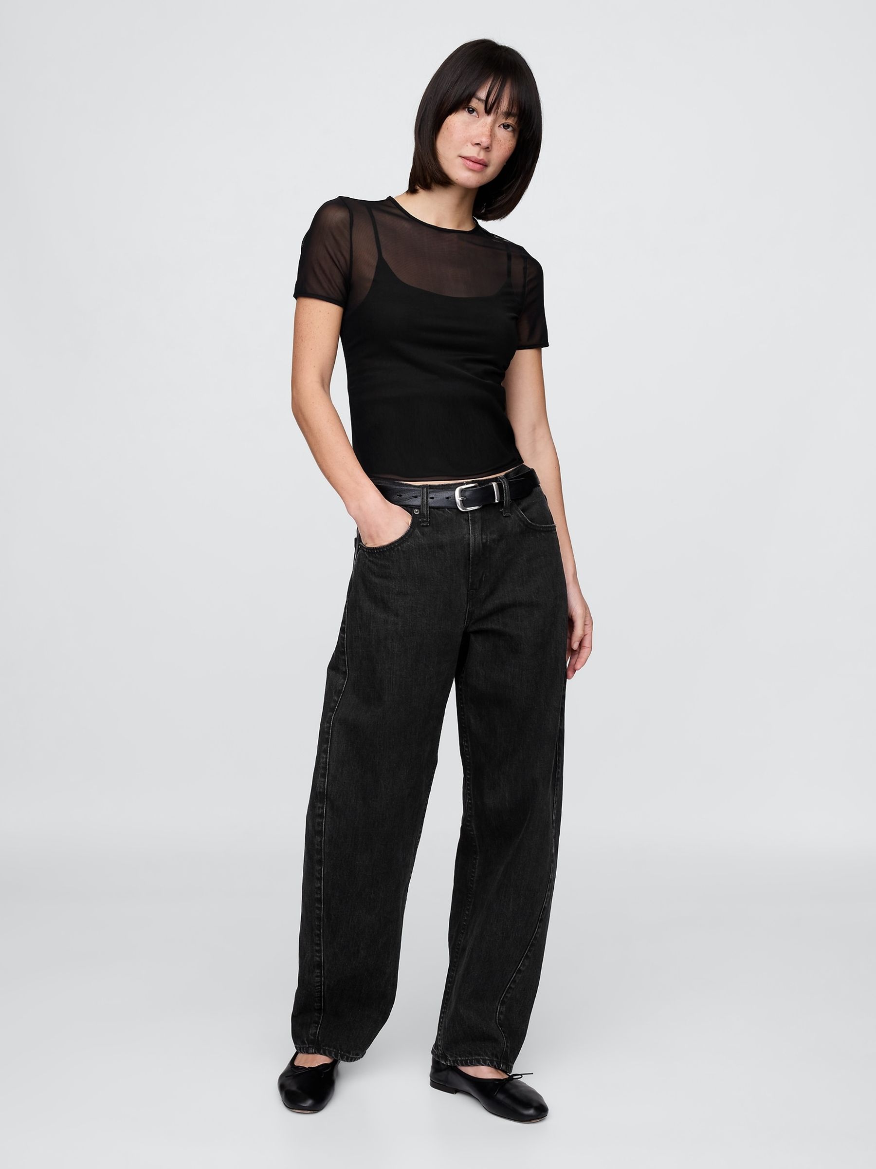 Black Soft Stretch Mesh Cropped T-Shirt - Image 3 of 5