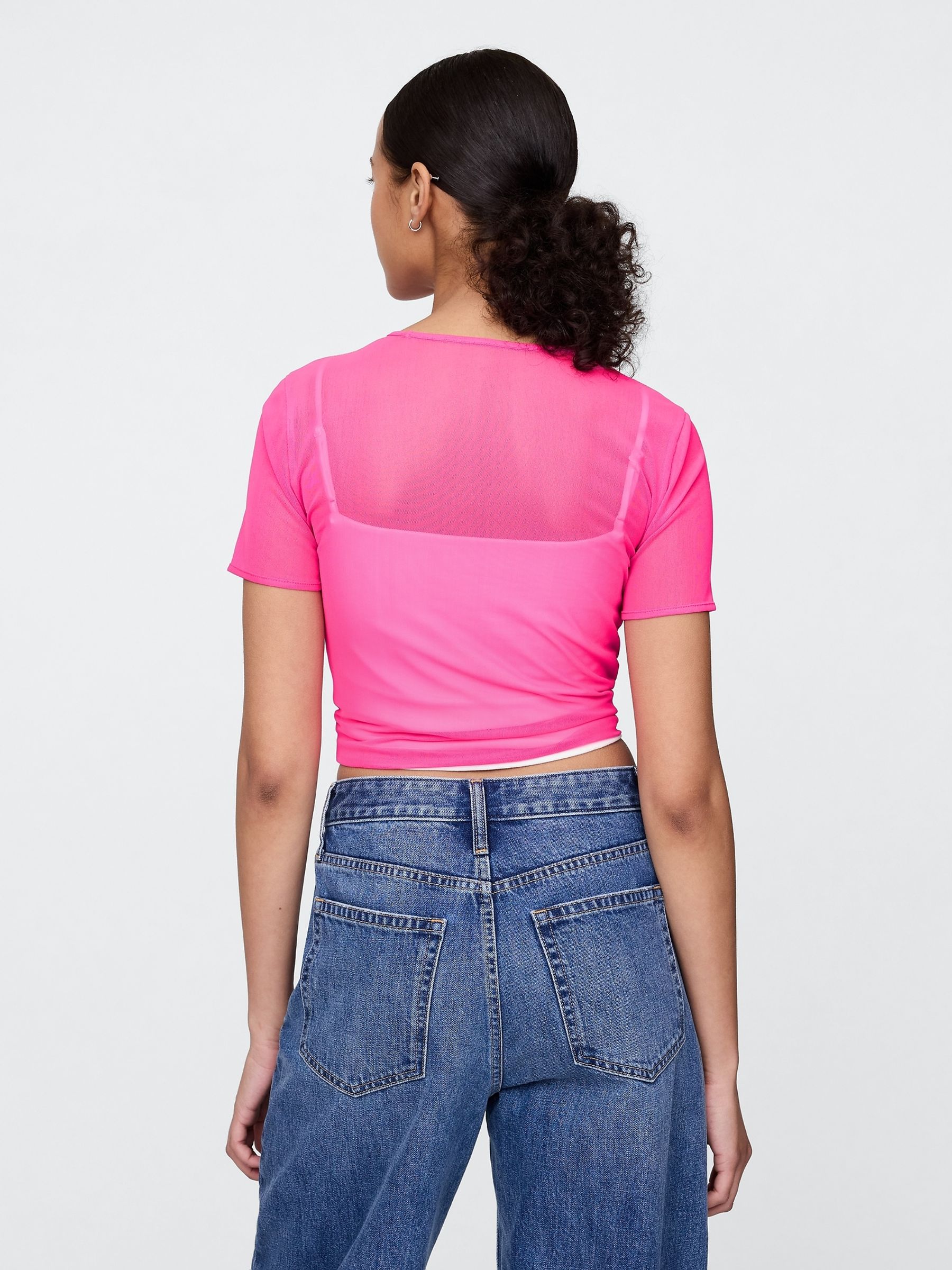 Pink Soft Stretch Mesh Cropped T-Shirt - Image 2 of 5