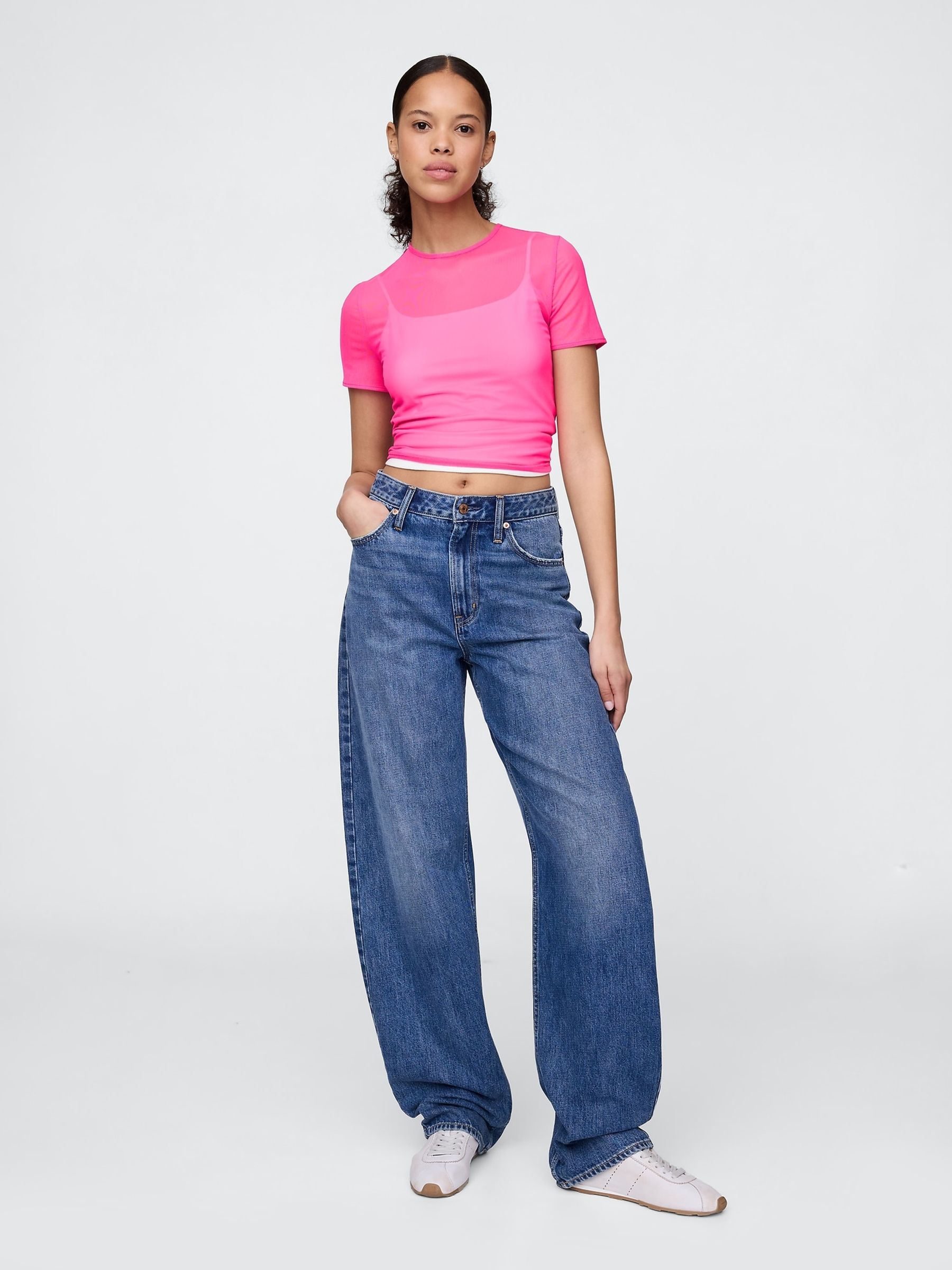 Pink Soft Stretch Mesh Cropped T-Shirt - Image 3 of 5