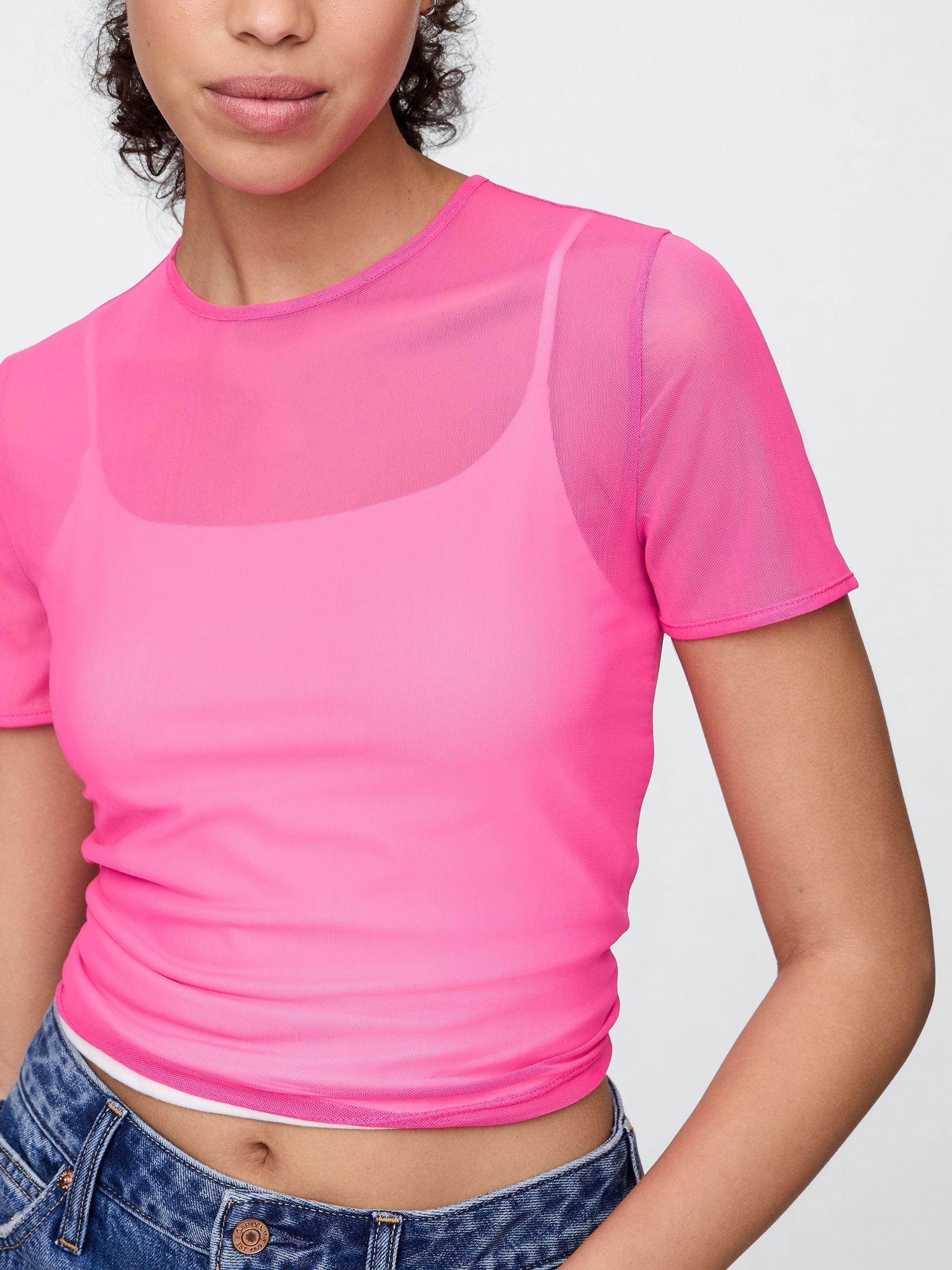Pink Soft Stretch Mesh Cropped T-Shirt - Image 4 of 5