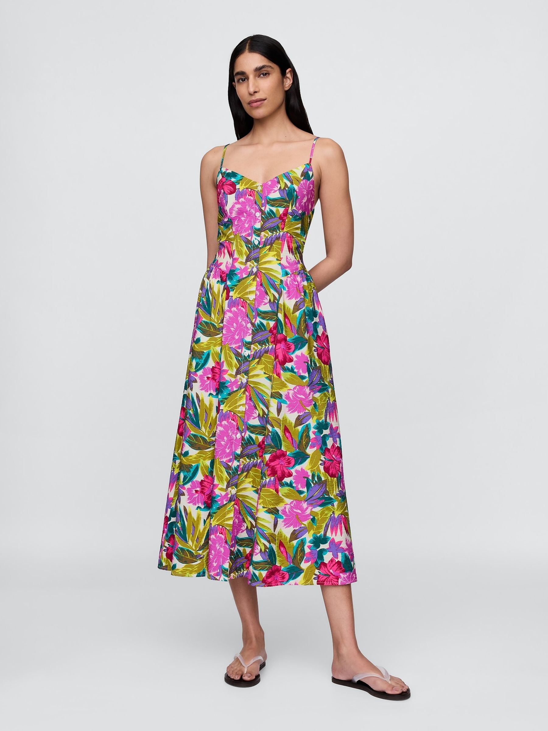 White/Pink Floral Floral V-Neck Midi Dress - Image 1 of 5