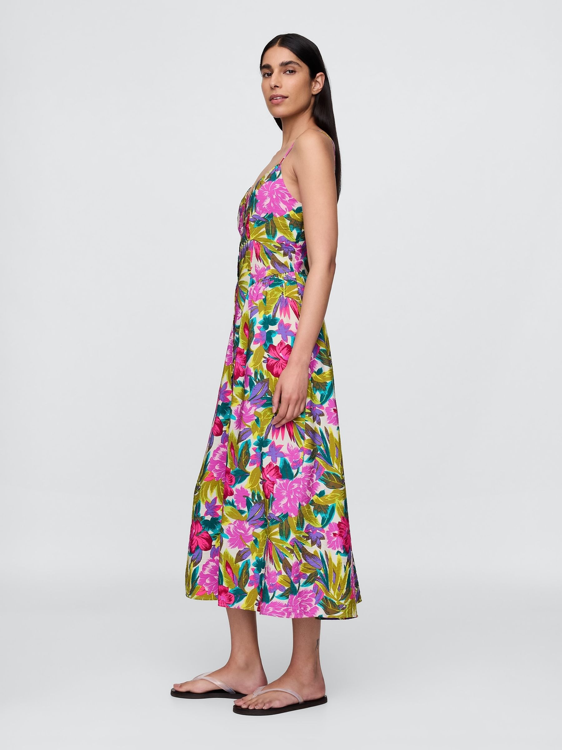 White/Pink Floral Floral V-Neck Midi Dress - Image 3 of 5