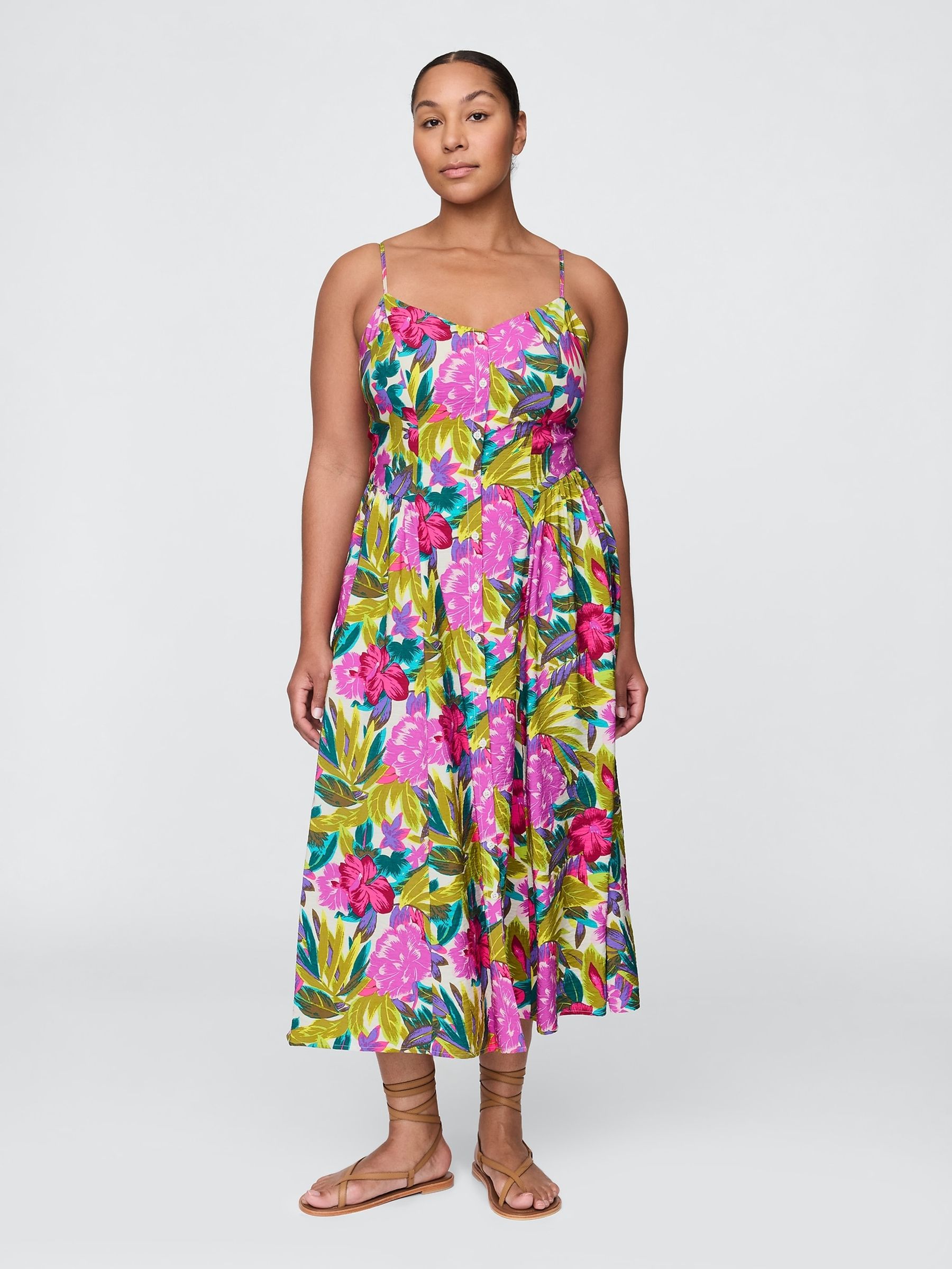 White/Pink Floral Floral V-Neck Midi Dress - Image 4 of 5