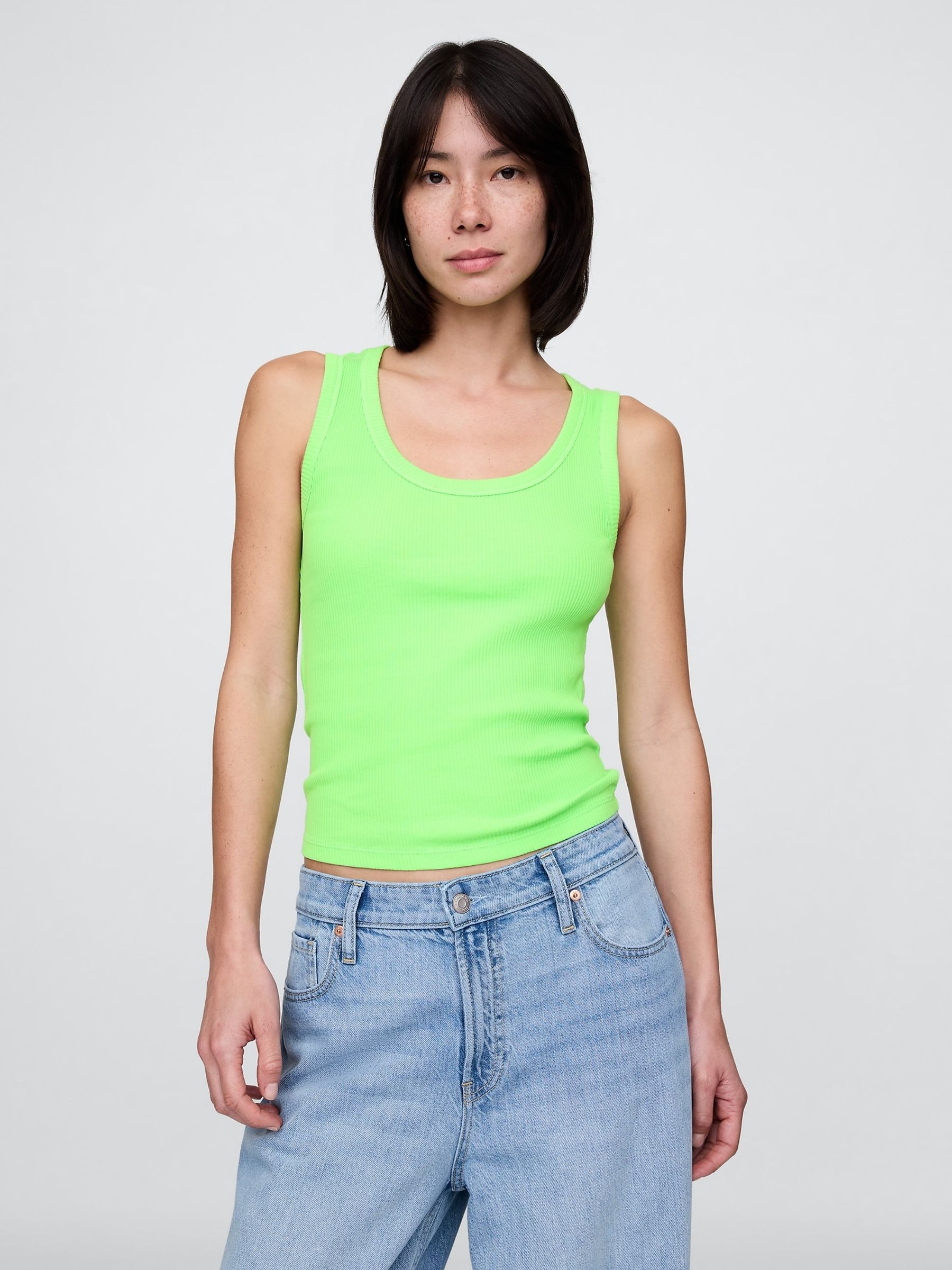 Green Neon Ribbed Knit Cotton Stretch Scoop Vest - Image 1 of 5