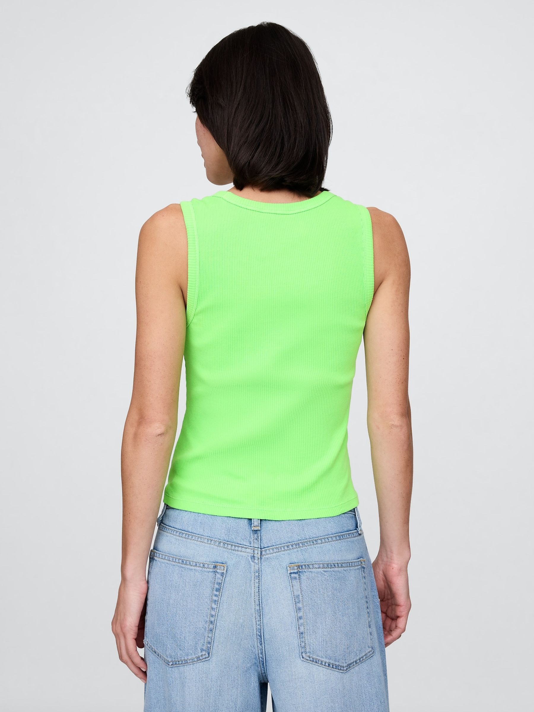 Green Neon Ribbed Knit Cotton Stretch Scoop Vest - Image 2 of 5