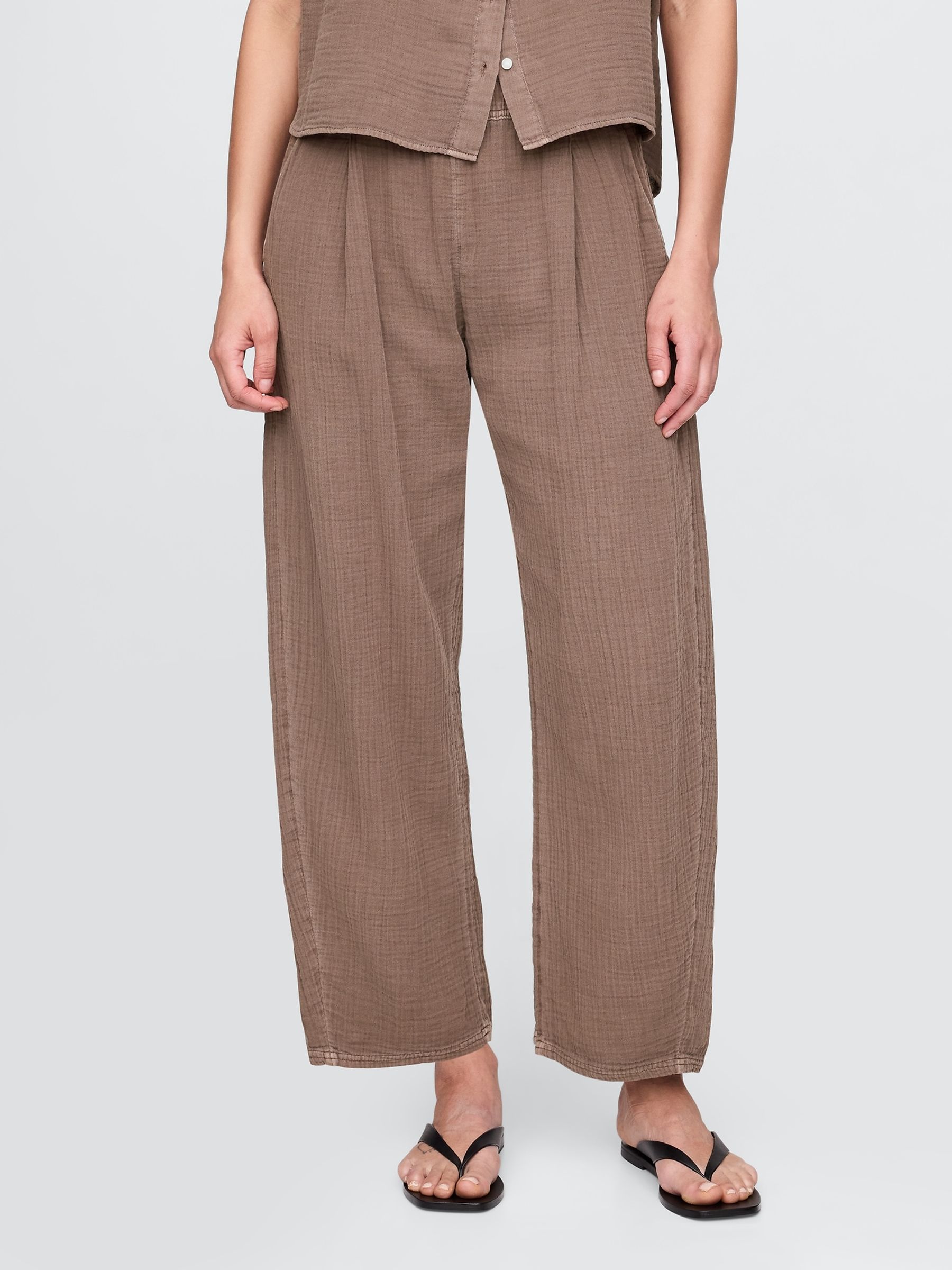 Brown 100% Cotton Crinkle Gauze Easy Barrel Trousers - Image 2 of 5
