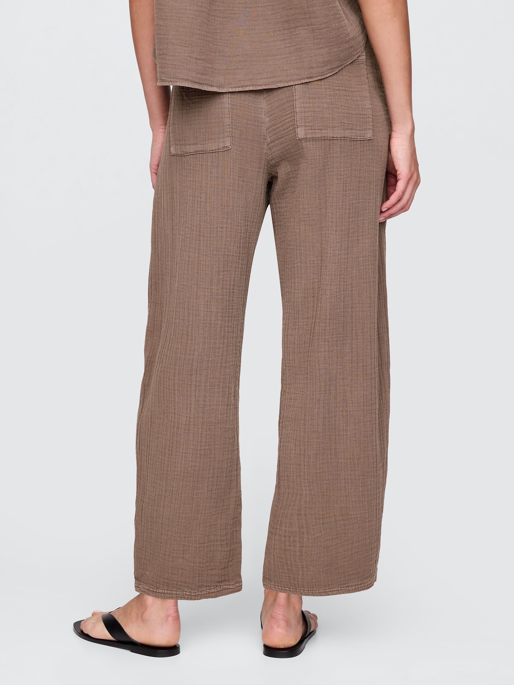 Brown 100% Cotton Crinkle Gauze Easy Barrel Trousers - Image 3 of 5