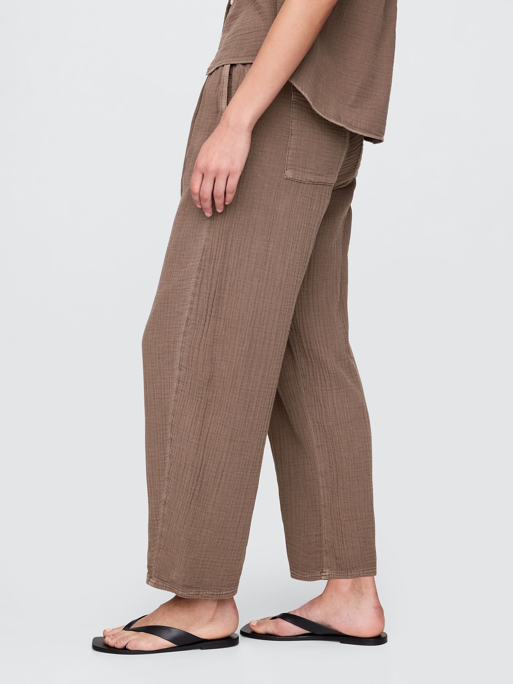 Brown 100% Cotton Crinkle Gauze Easy Barrel Trousers - Image 4 of 5