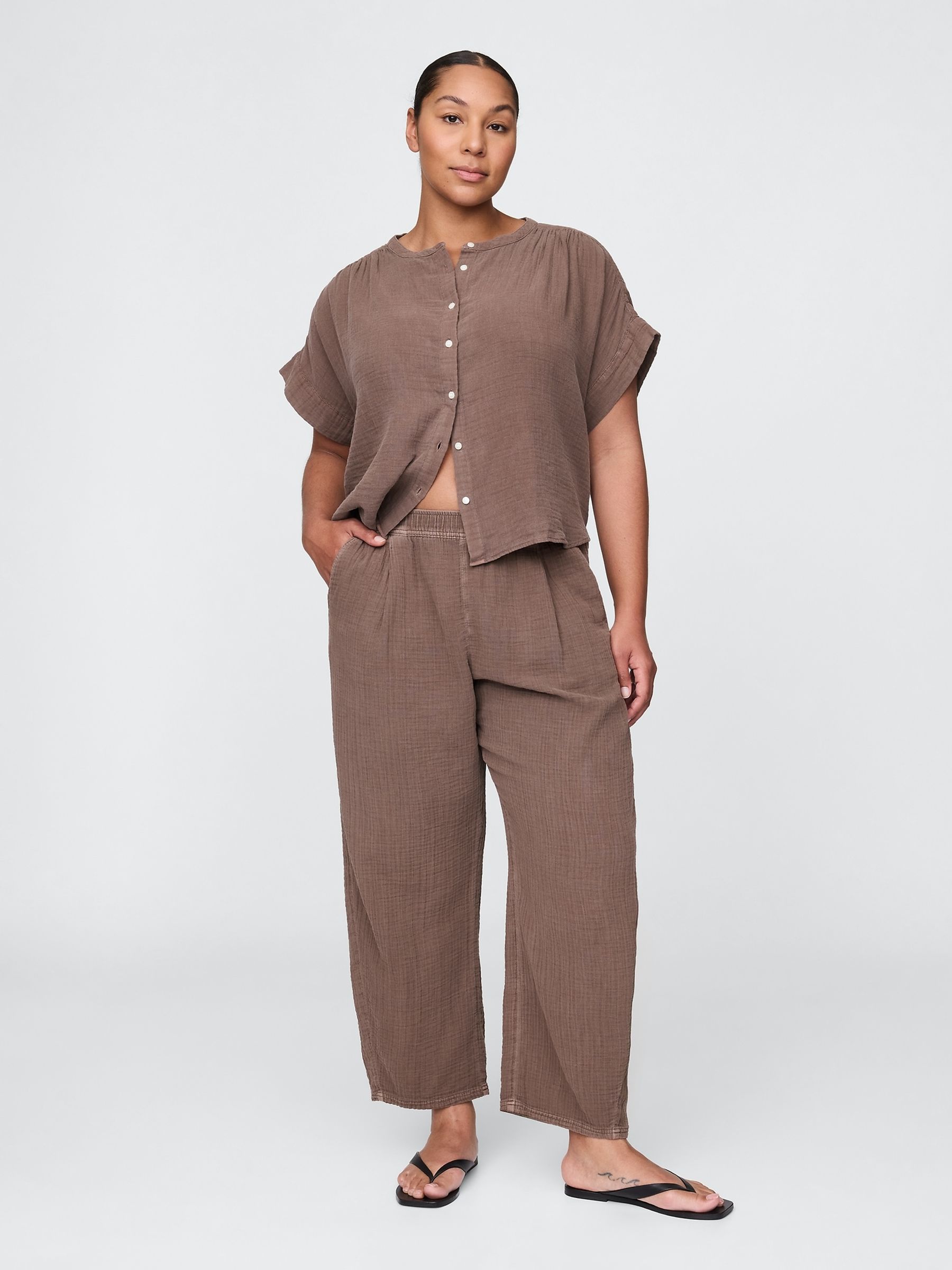 Brown 100% Cotton Crinkle Gauze Easy Barrel Trousers - Image 5 of 5