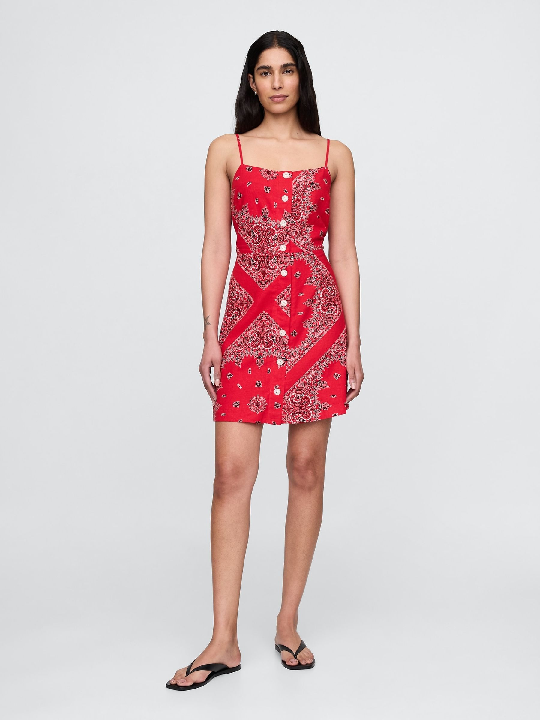 red linen dress gap Gap Factory Women's Linen-Blend V-Neck Midi Dress Red Dot Size XL