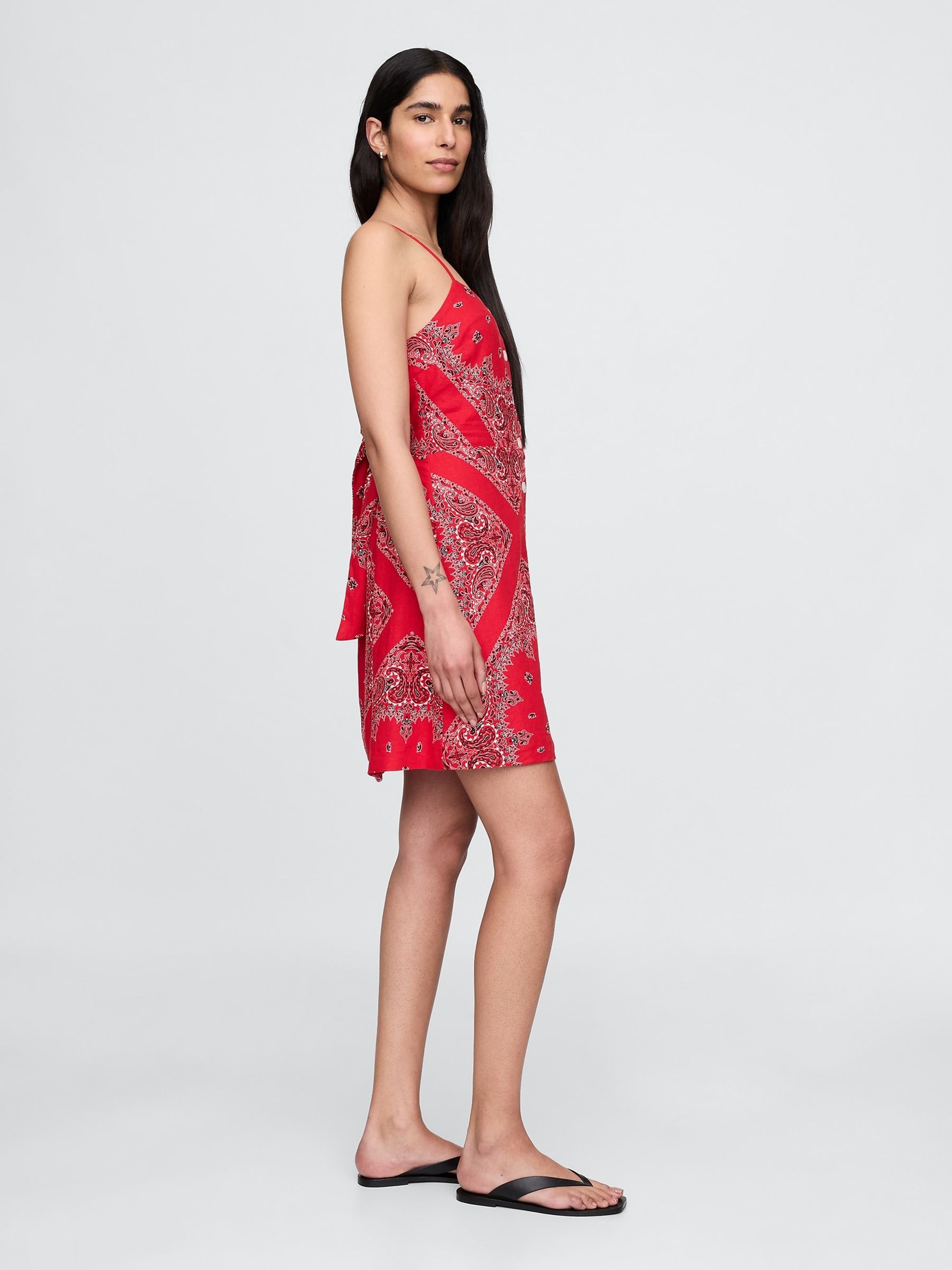 Red Linen-Blend Tie-Back Mini Dress - Image 3 of 5