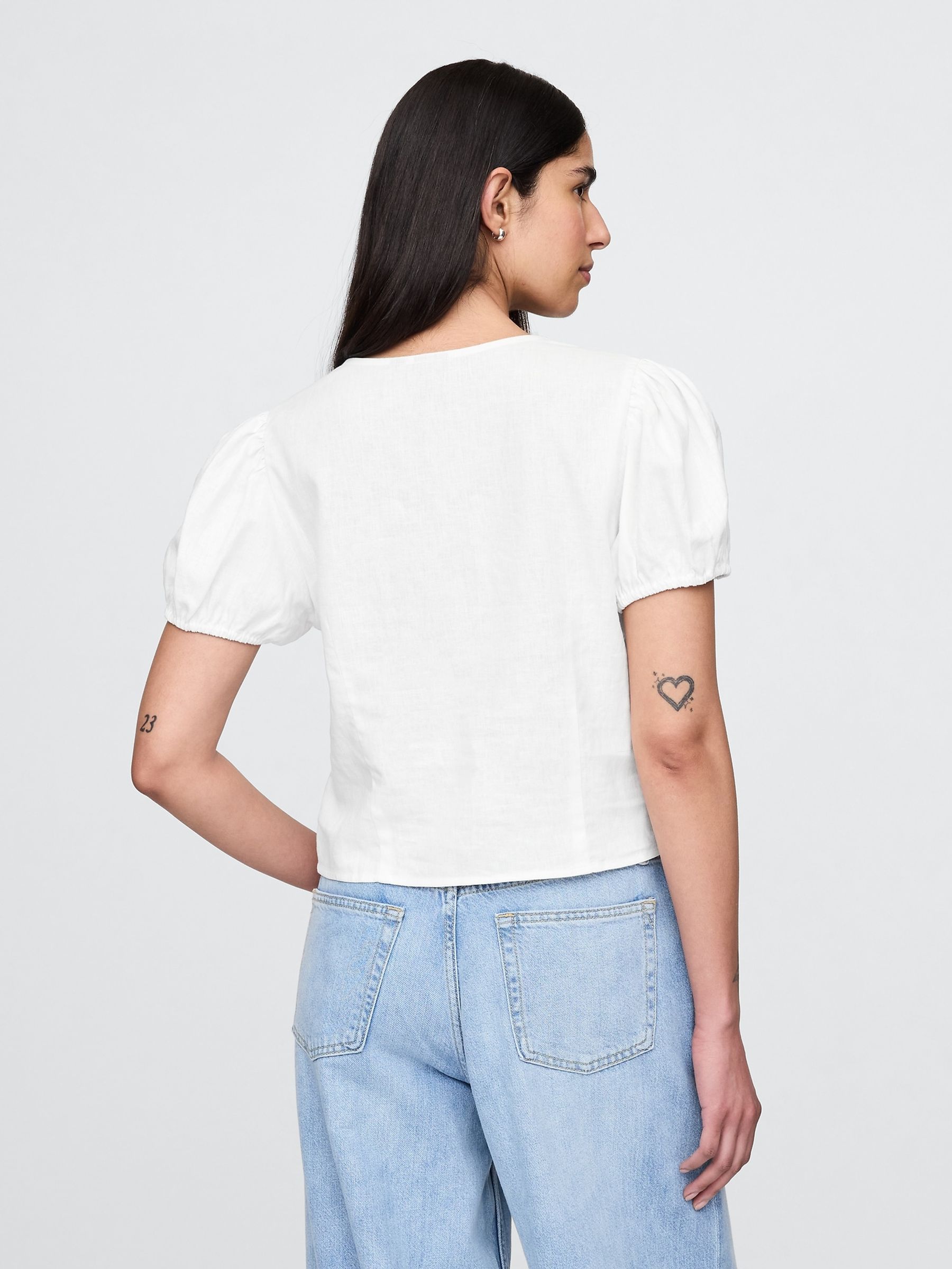 White Linen-Blend Lace V-Neck Top - Image 1 of 4