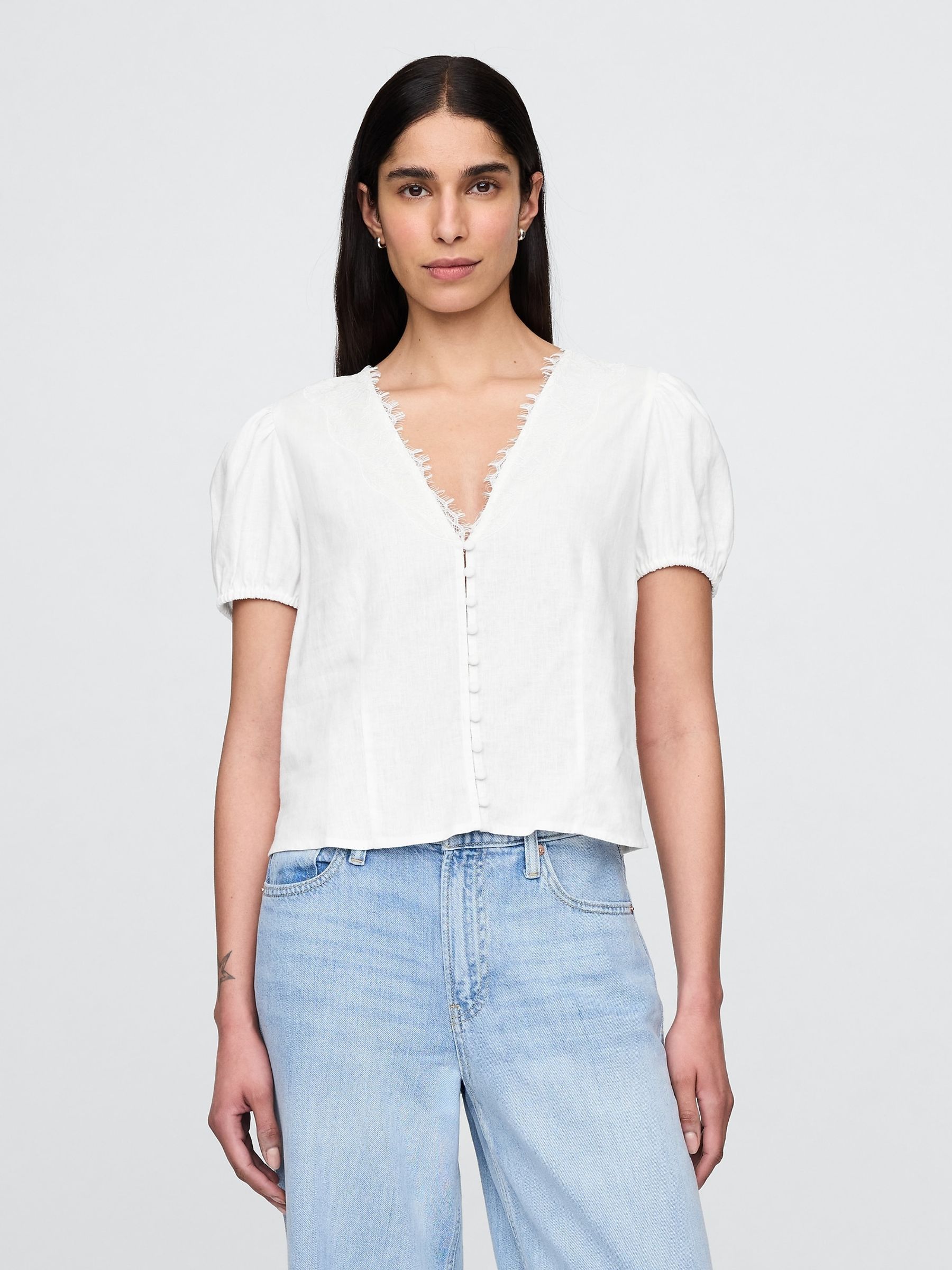 White Linen-Blend Lace V-Neck Top - Image 2 of 4