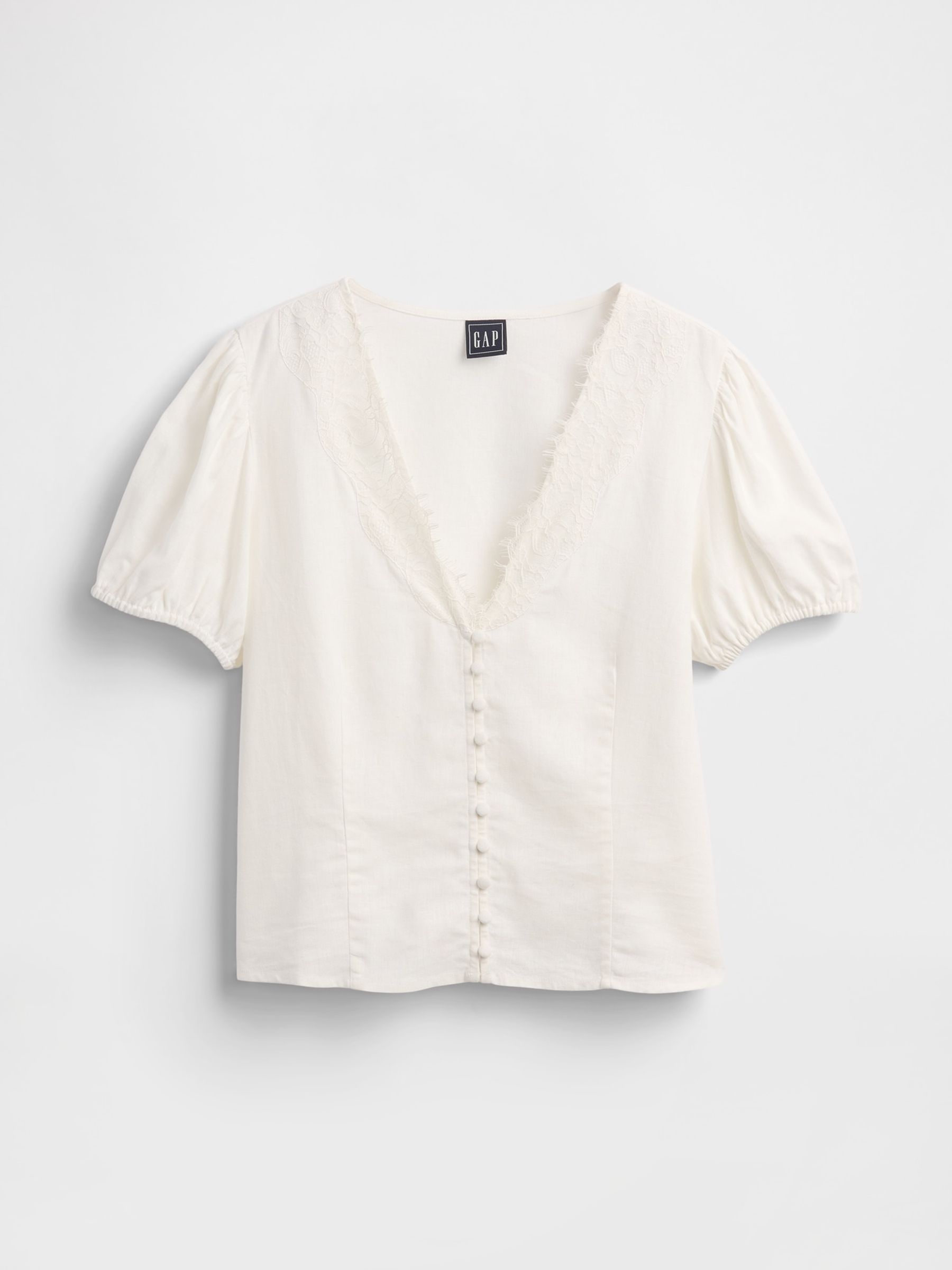 White Linen-Blend Lace V-Neck Top - Image 4 of 4