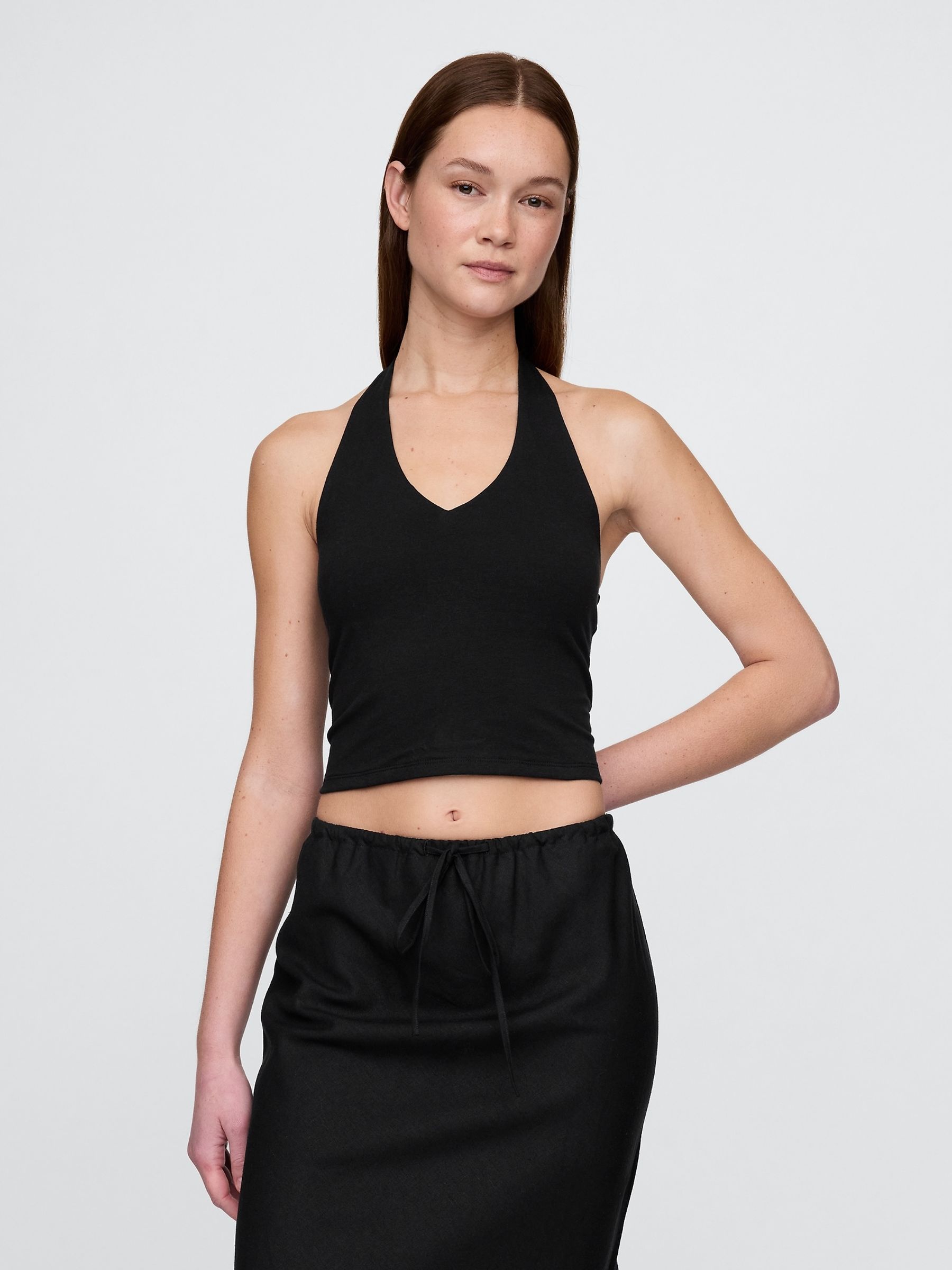 Black CloseKnit Cropped Halter Neck Top - Image 1 of 4